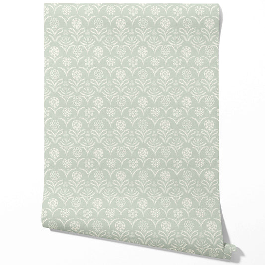 Modern Floral Botanical Traditional Wallpaper Sample (Pastel Blue)