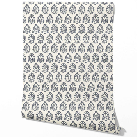 Vintage-Inspired Floral Block Print Traditional Wallpaper Sample (Navy Blue/ Cream)