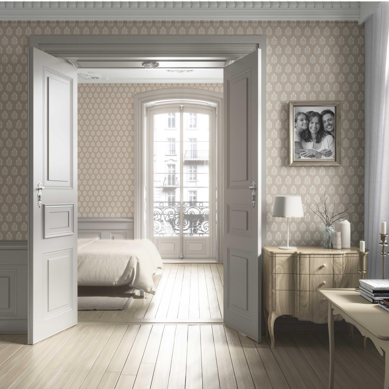 Neutral Botanical/ Floral Block Print Living Room Wallpaper Sample (Beige/ Taupe/ Tan)