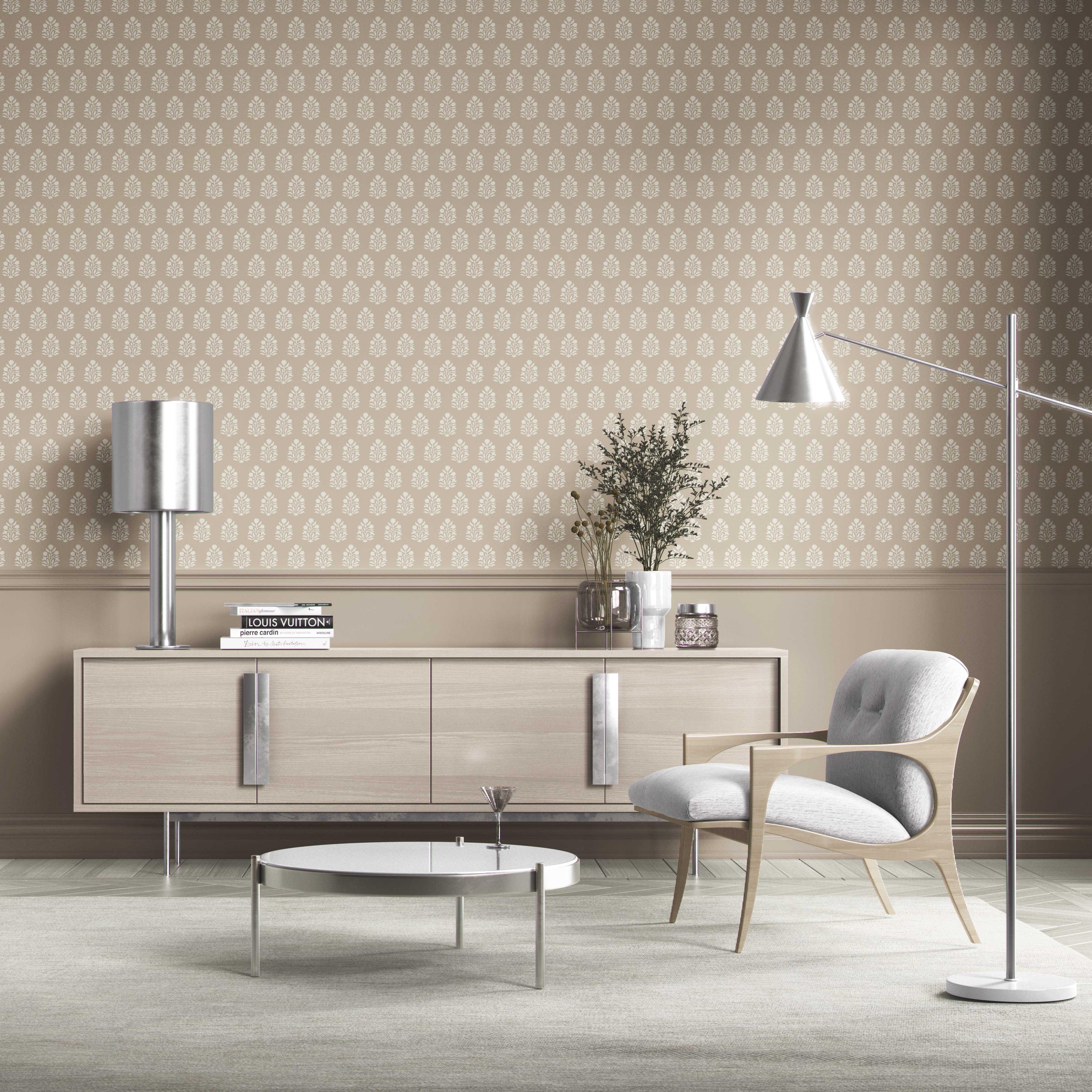 Neutral Botanical/ Floral Block Print Kitchen Wallpaper (Beige/ Taupe/ Tan)