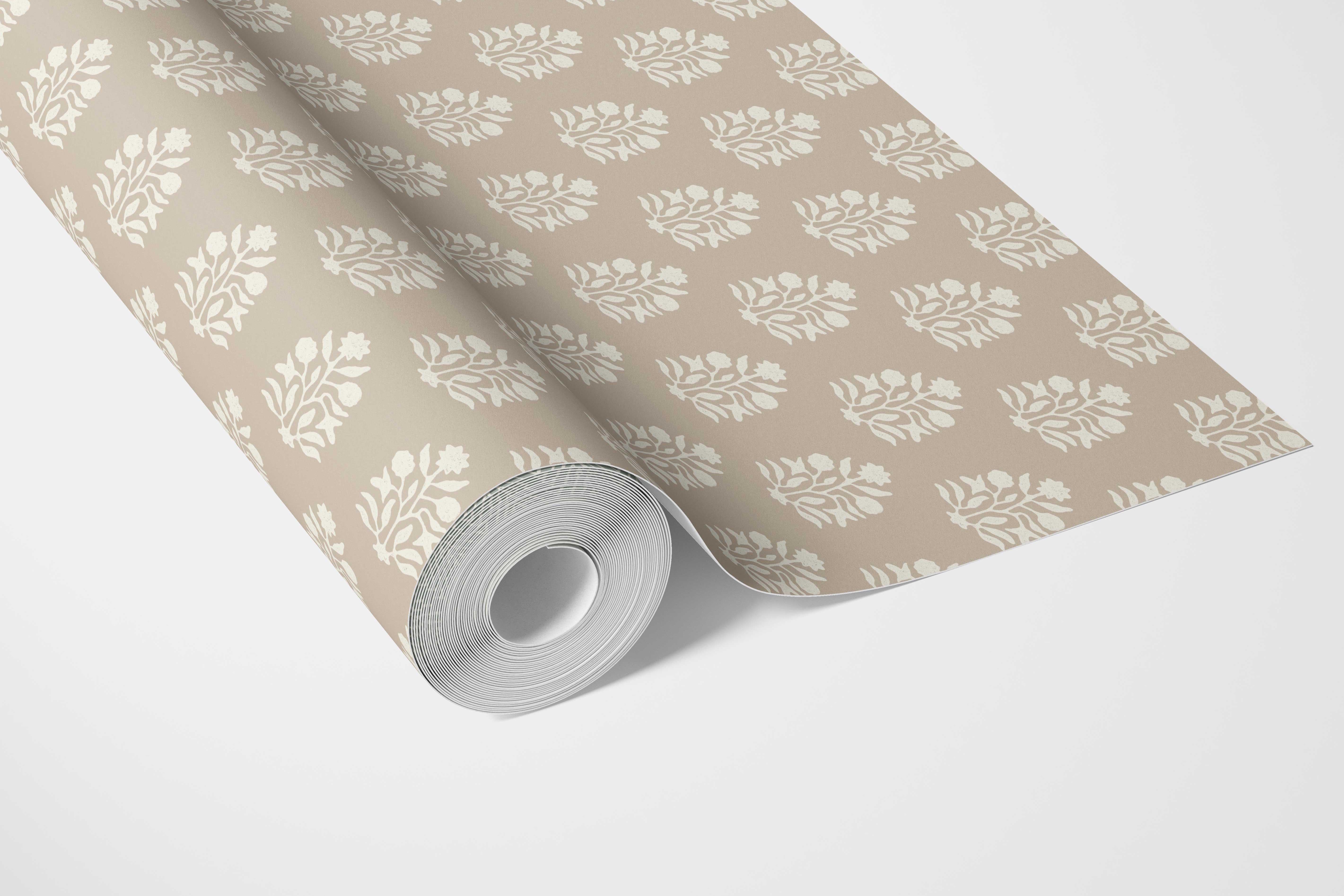 Neutral Botanical/ Floral Block Print Bathroom Wallpaper Sample (Beige/ Taupe/ Tan)