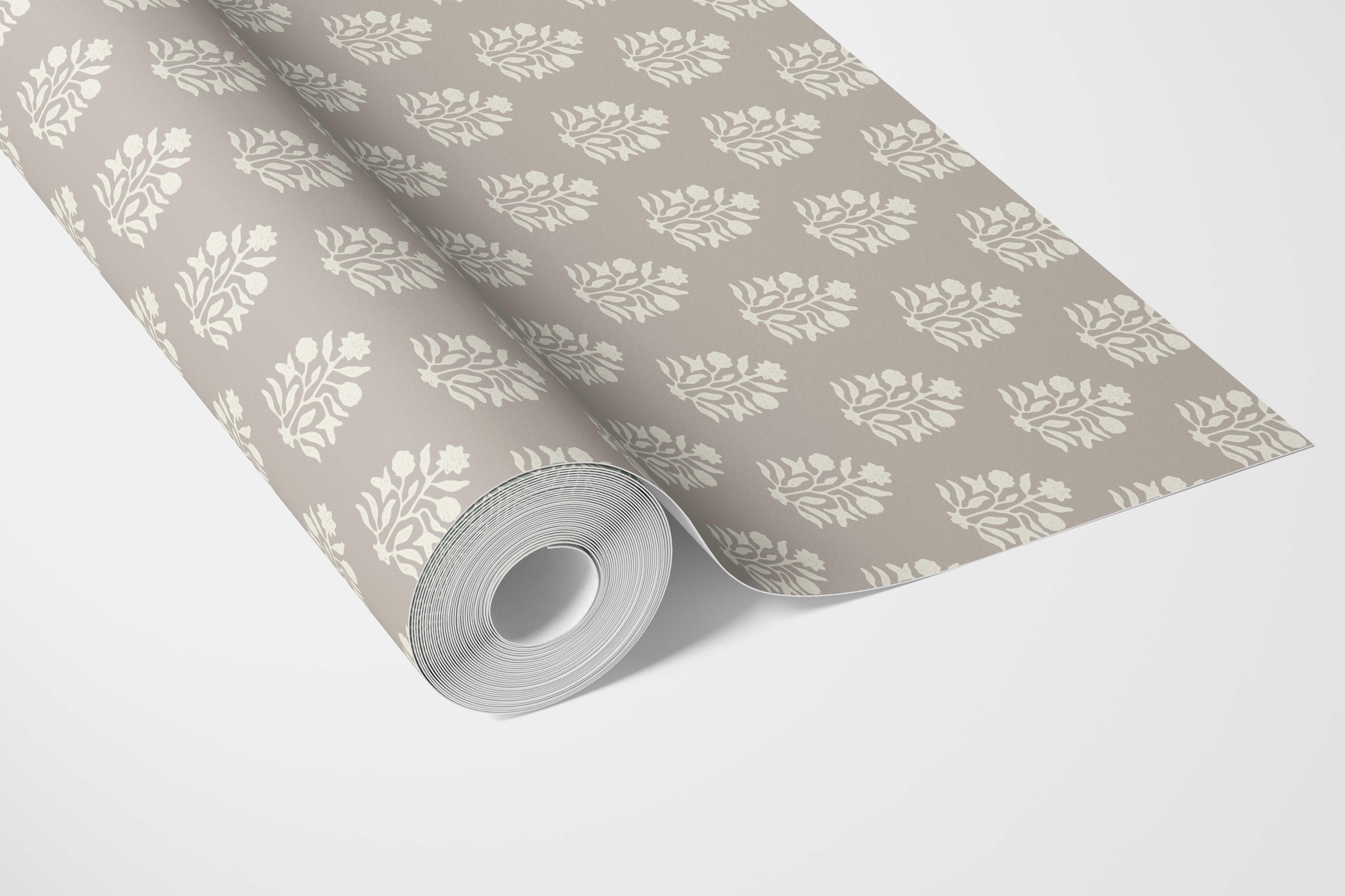 Neutral Botanical/ Floral Block Print Bathroom Wallpaper (Gray/ Greige/ Cream)