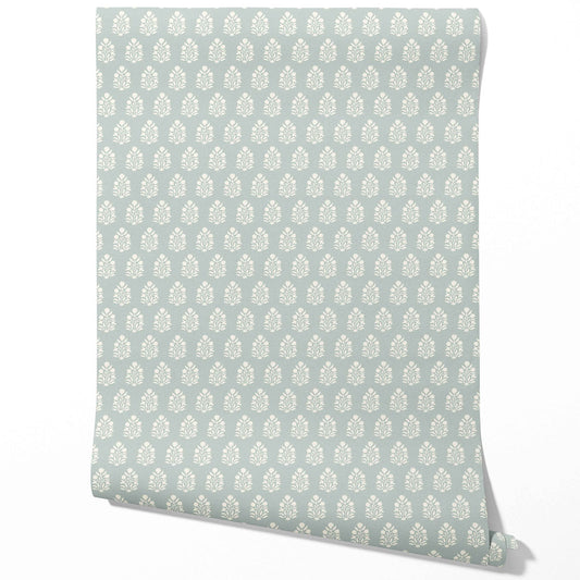 Vintage-Inspired Botanical Floral Block Print Traditional Wallpaper (Blue/ Cream)