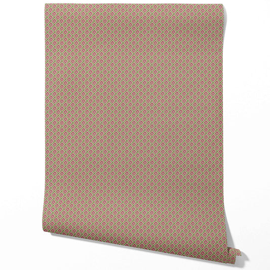 Small Floral Geometric Lattice Traditional Wallpaper Sample (Pink/ Green)