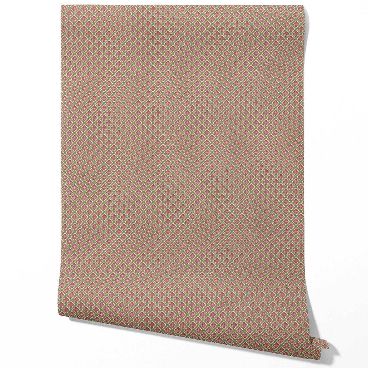 Small Floral Geometric Lattice Traditional Wallpaper (Pink/ Green)
