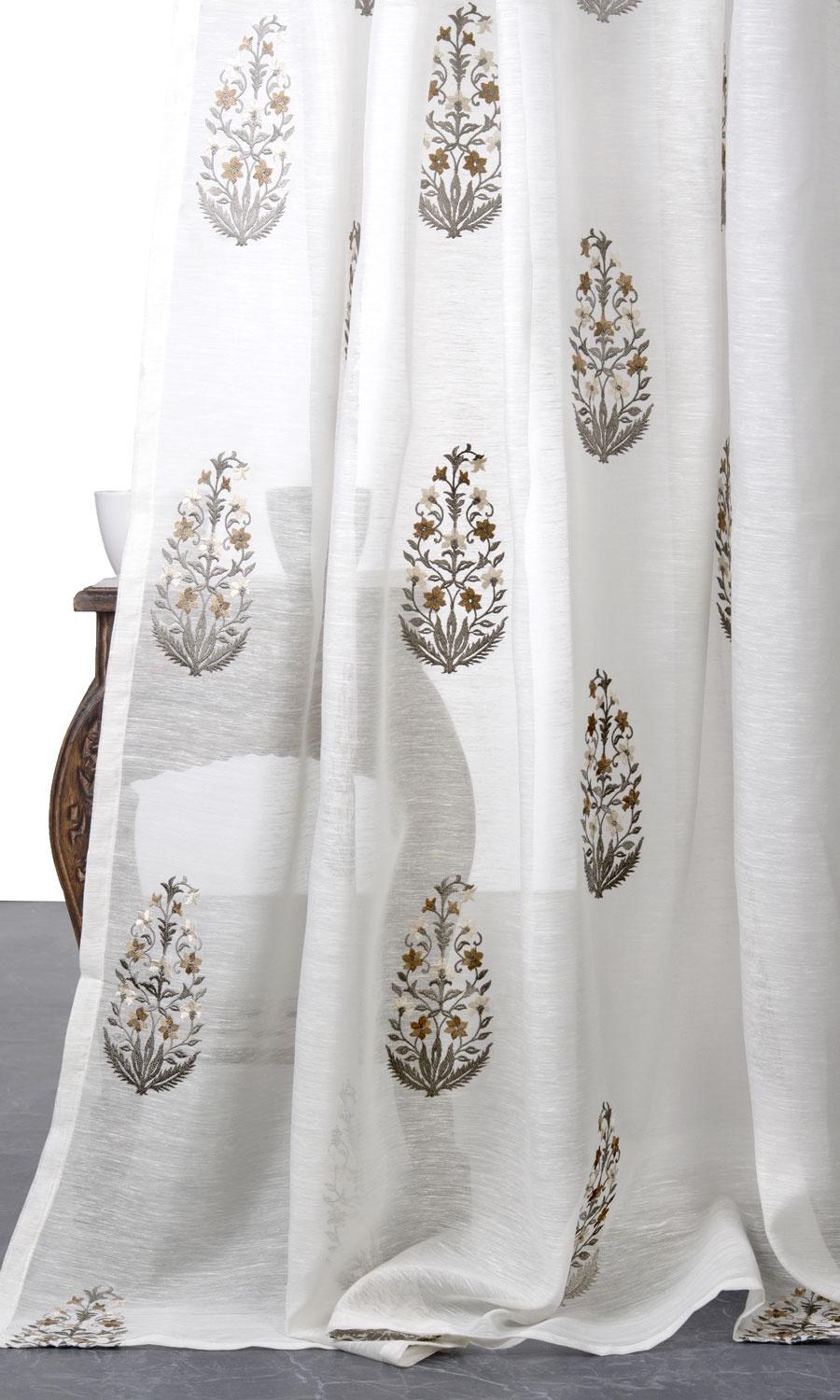 Floral Sheer Home Décor Fabric By the Yard (White/ Grey/ Brown)