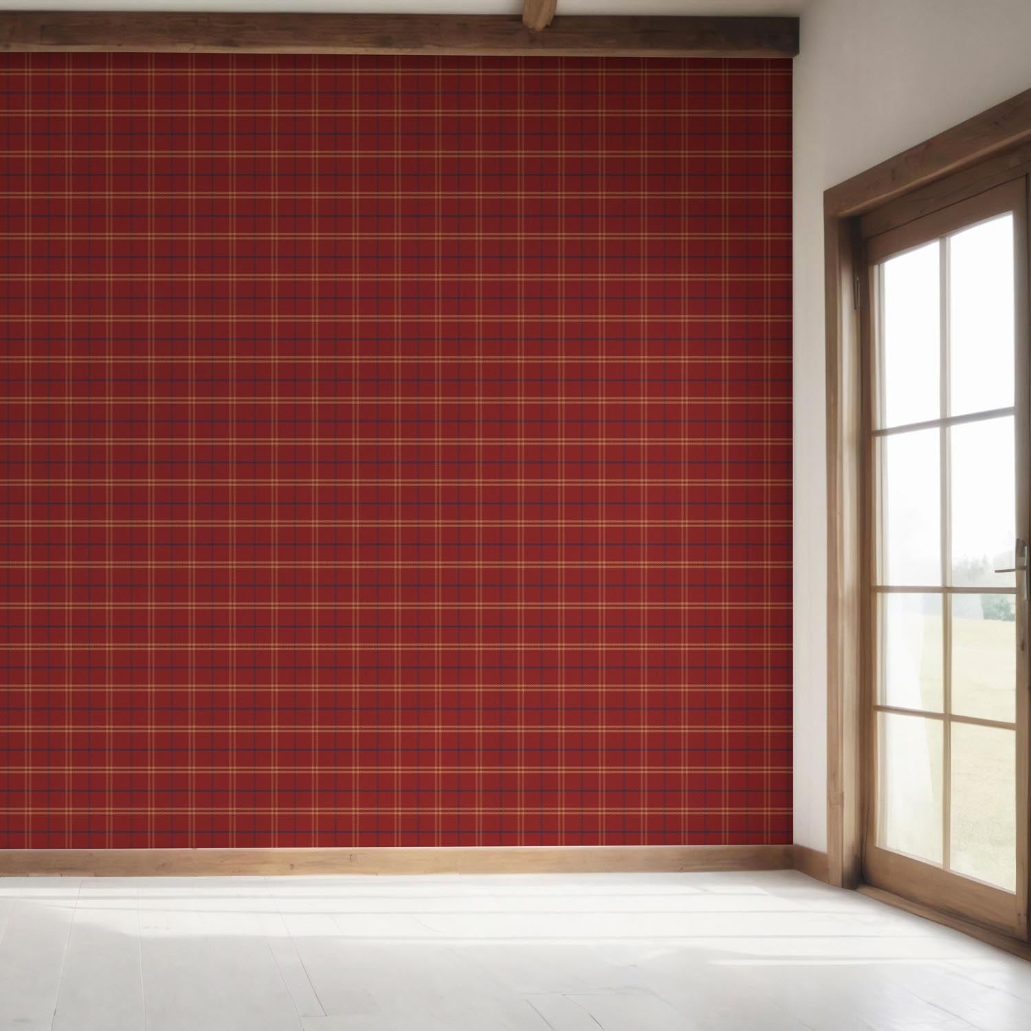 Geometric Plaid Checkered Bedroom Wallpaper (Red/ Yellow/ Blue)