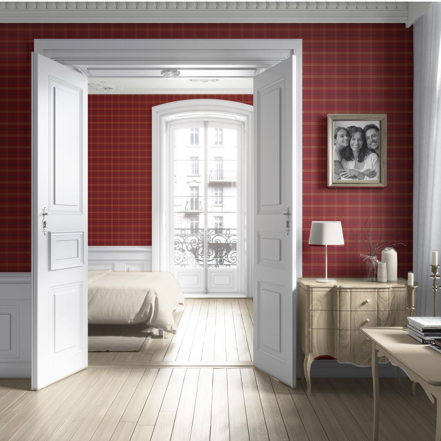 Geometric Plaid Checkered Living Room Wallpaper Sample (Red/ Yellow/ Blue)