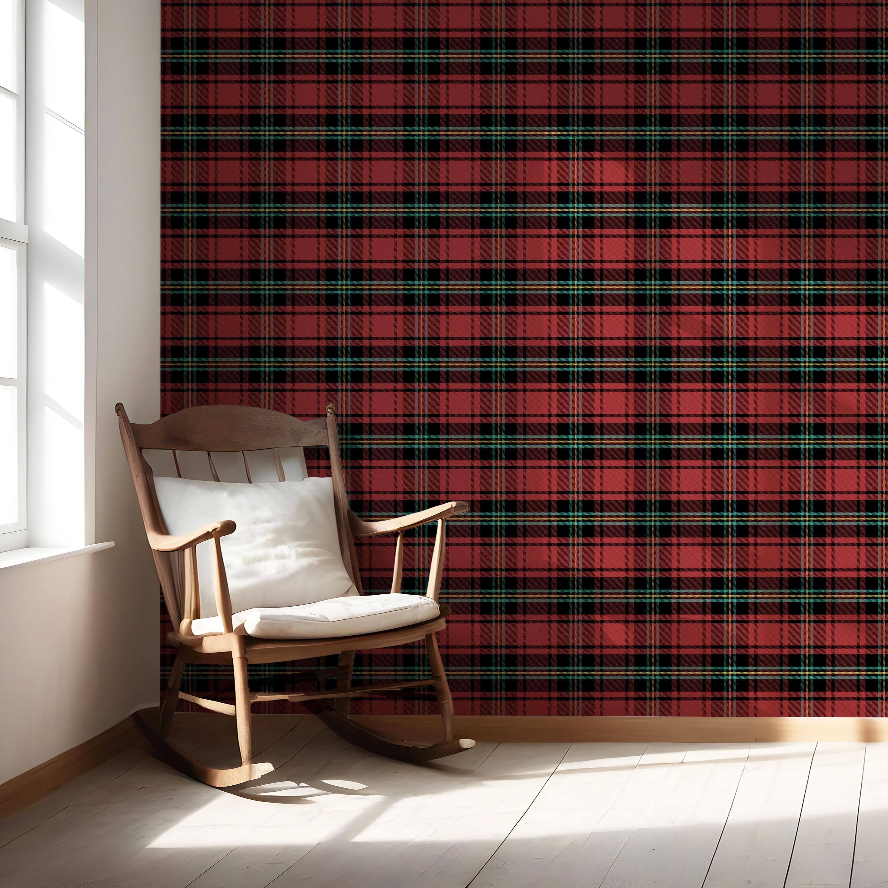 Geometric Plaid Checkered Nursery Wallpaper Sample (Red/ Black/ Yellow/ Aqua)