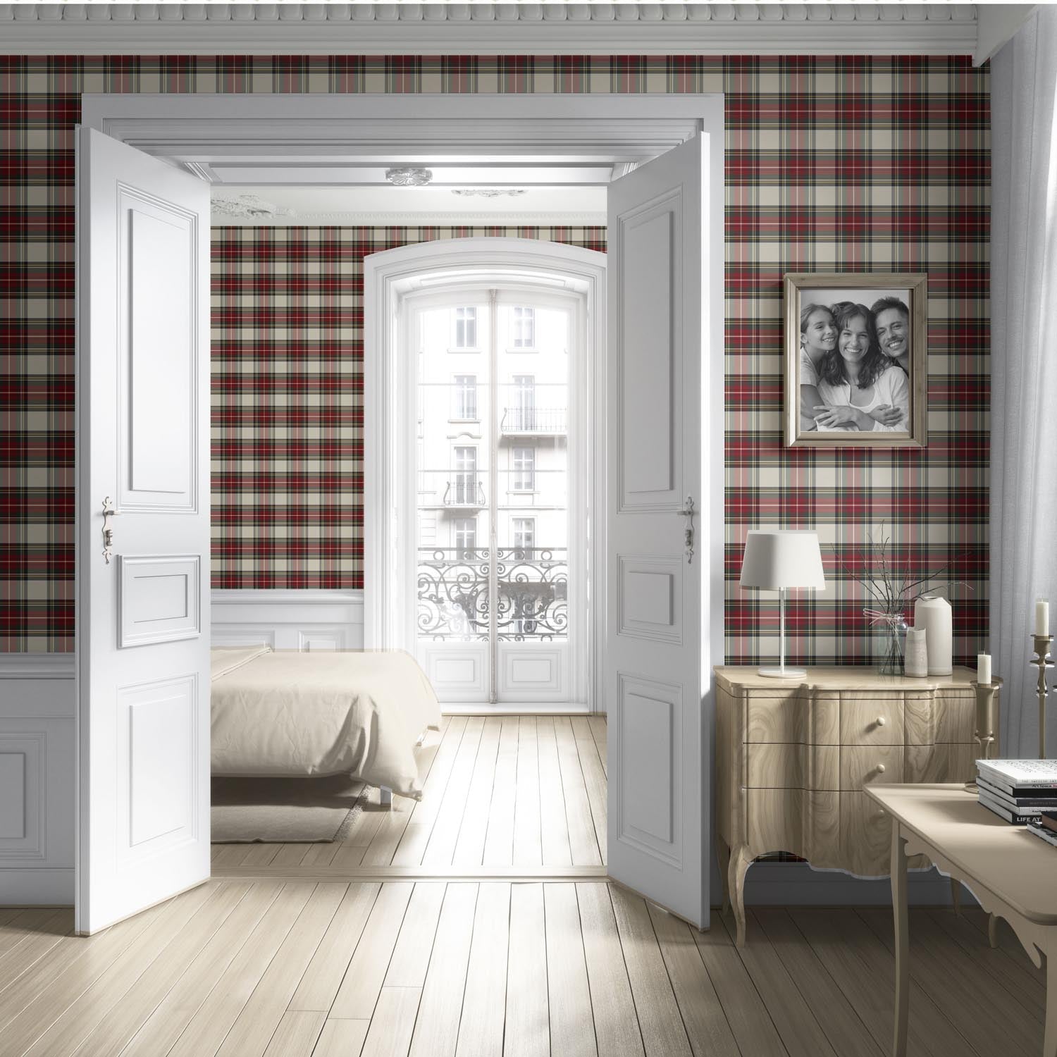 Geometric Plaid Checkered Living Room Wallpaper Sample (Red/ Cream/ Green/ Yellow)