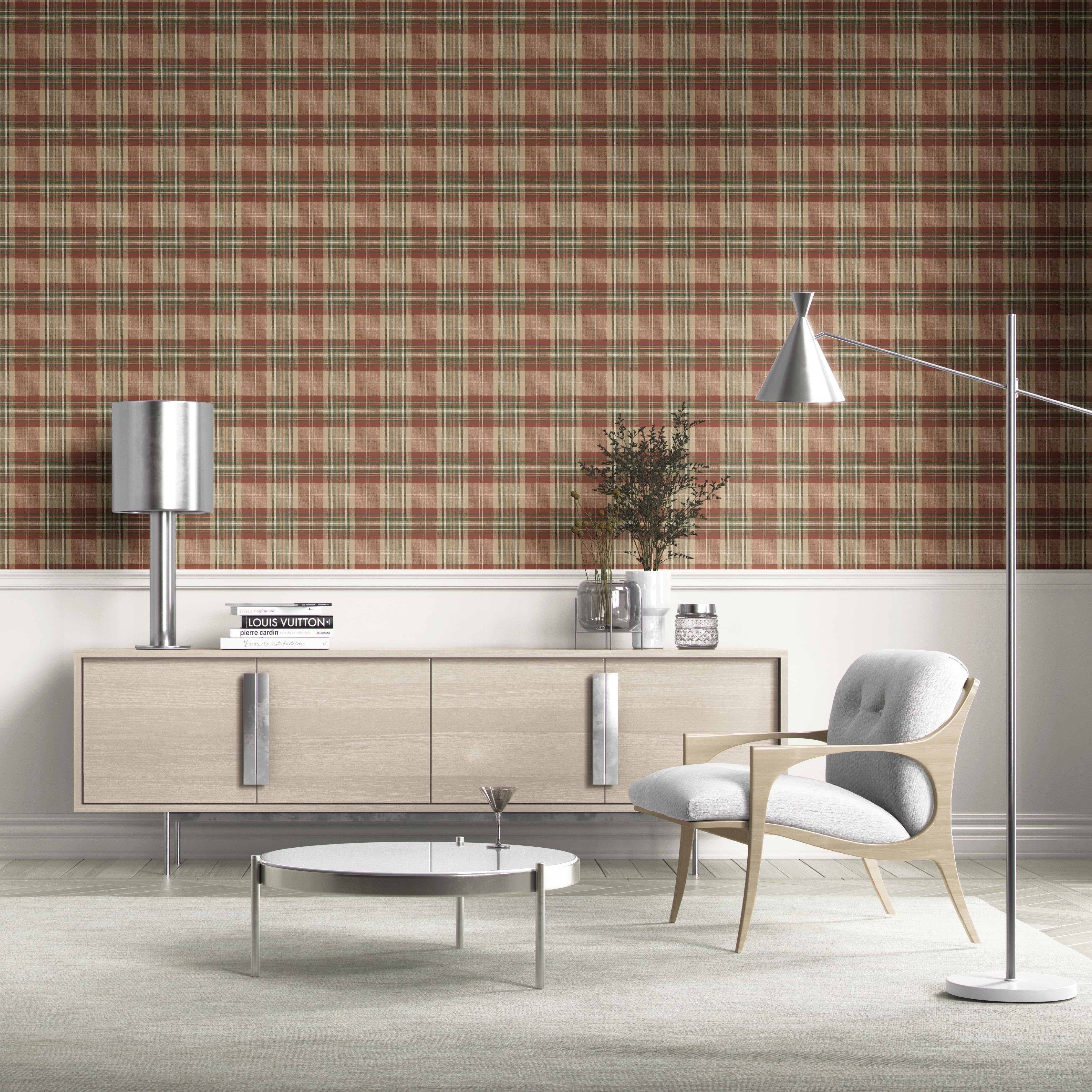 Geometric Plaid Checkered Kitchen Wallpaper (Red/ Brown/ Beige/ Green)