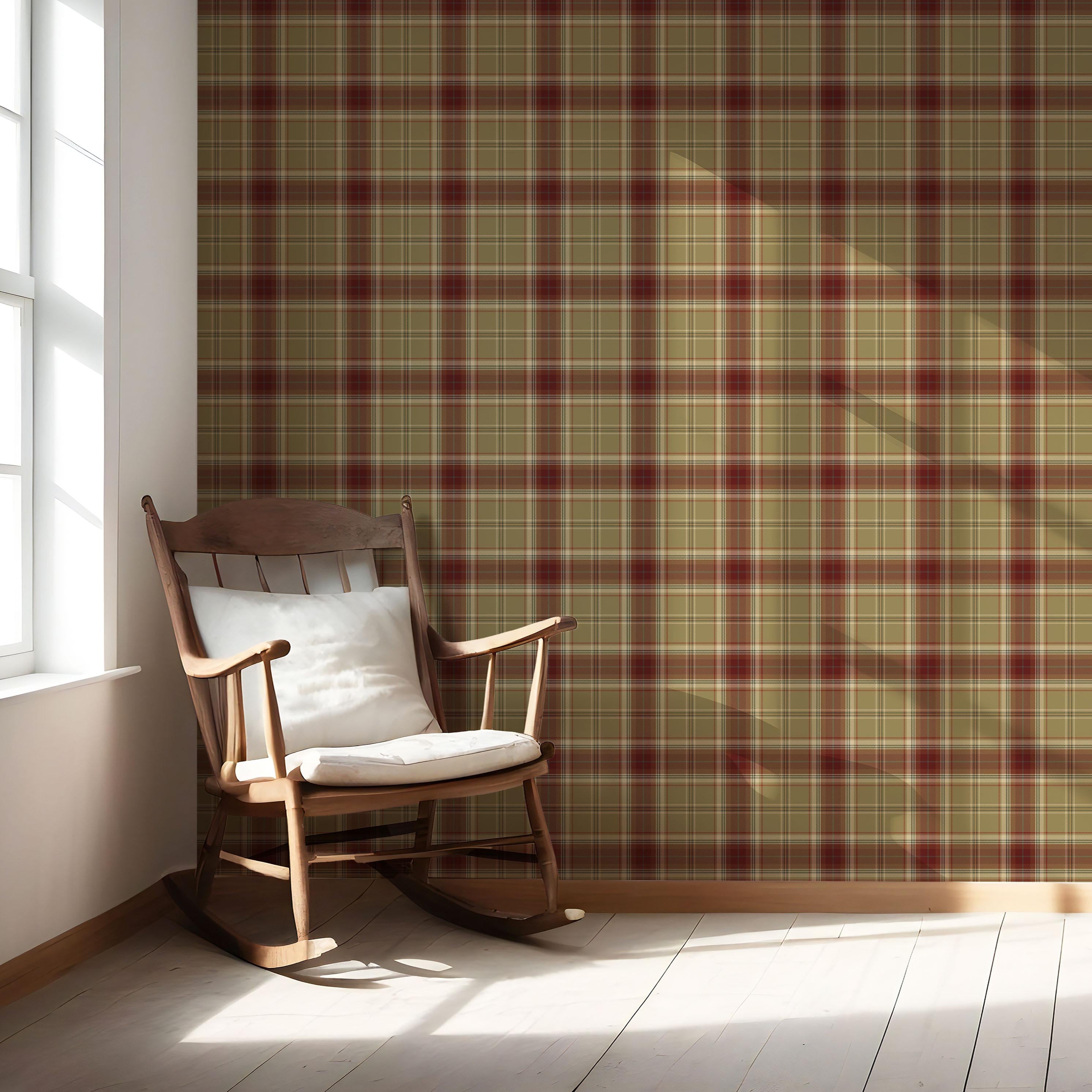 Geometric Plaid Checkered Nursery Wallpaper (Olive Green/ Brown/ Red)
