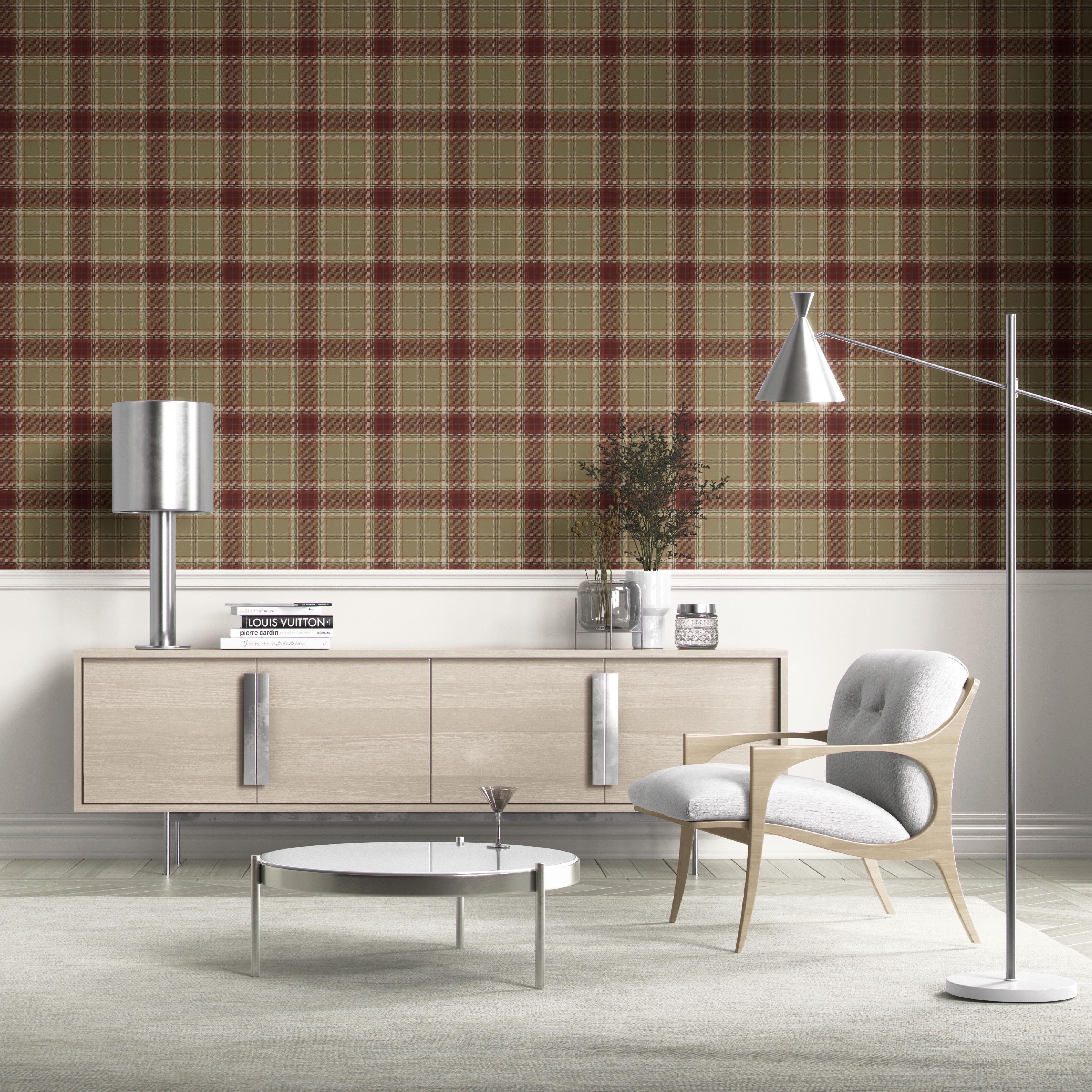 Geometric Plaid Checkered Kitchen Wallpaper (Olive Green/ Brown/ Red)
