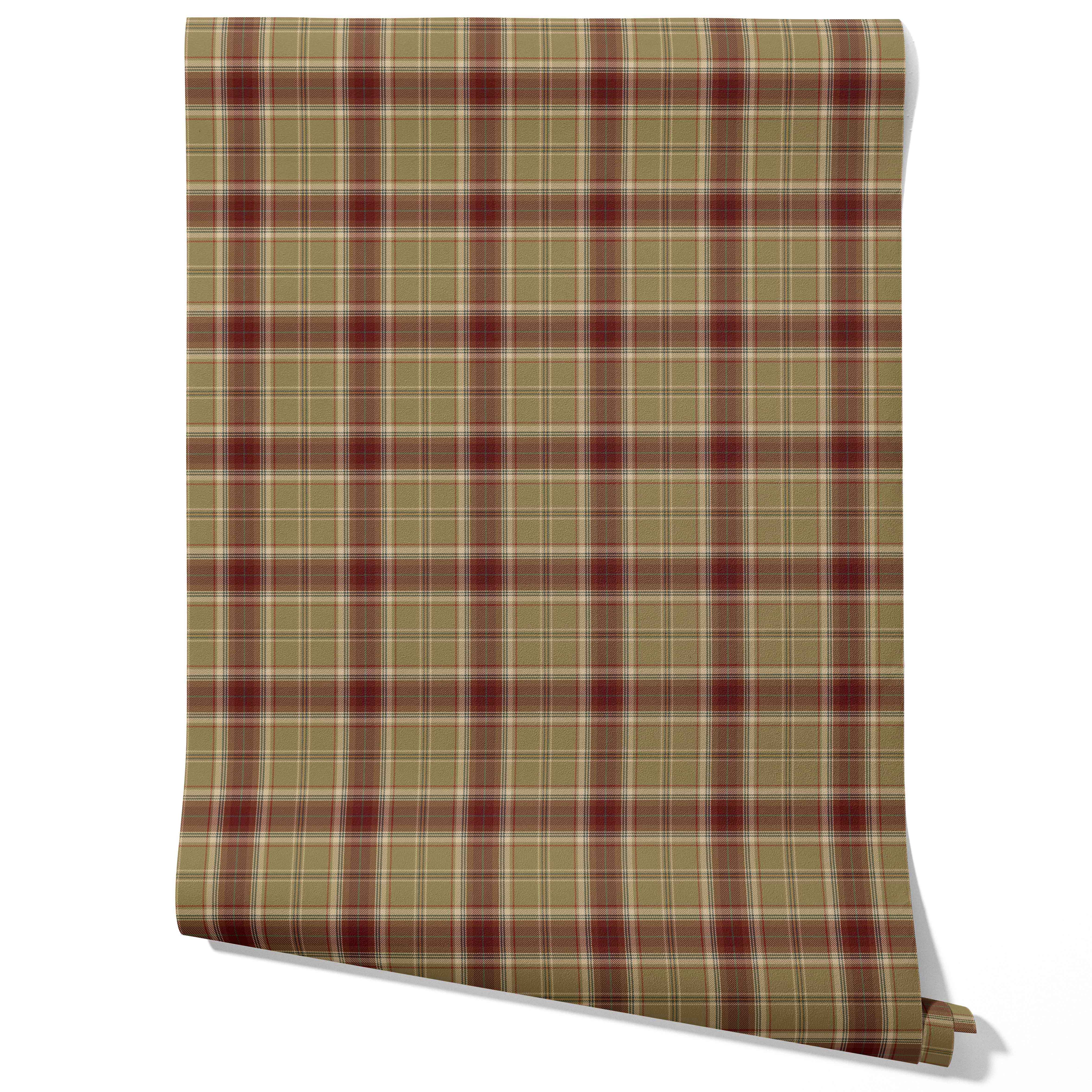 Geometric Plaid Checkered Traditional Wallpaper Sample (Olive Green/ Brown/ Red)