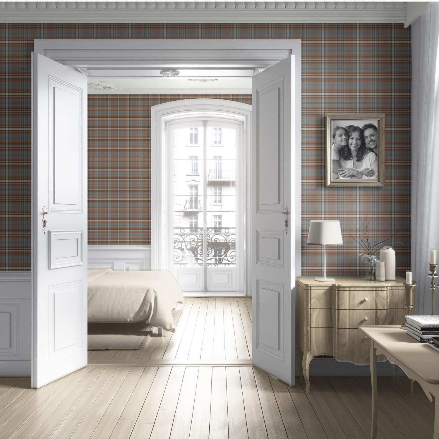 Geometric Plaid Checkered Living Room Wallpaper Sample (Blue/ Brown/ Red)