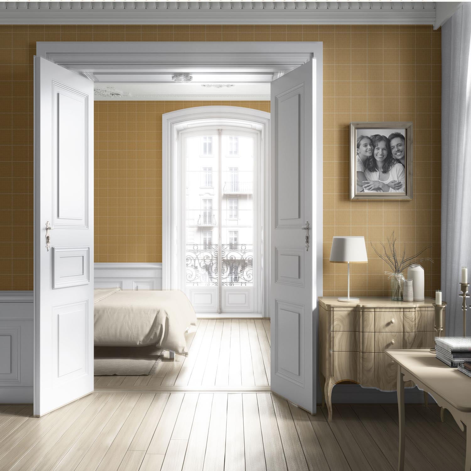 Plain/ Textured Check Living Room Wallpaper Sample (Honey Yellow)
