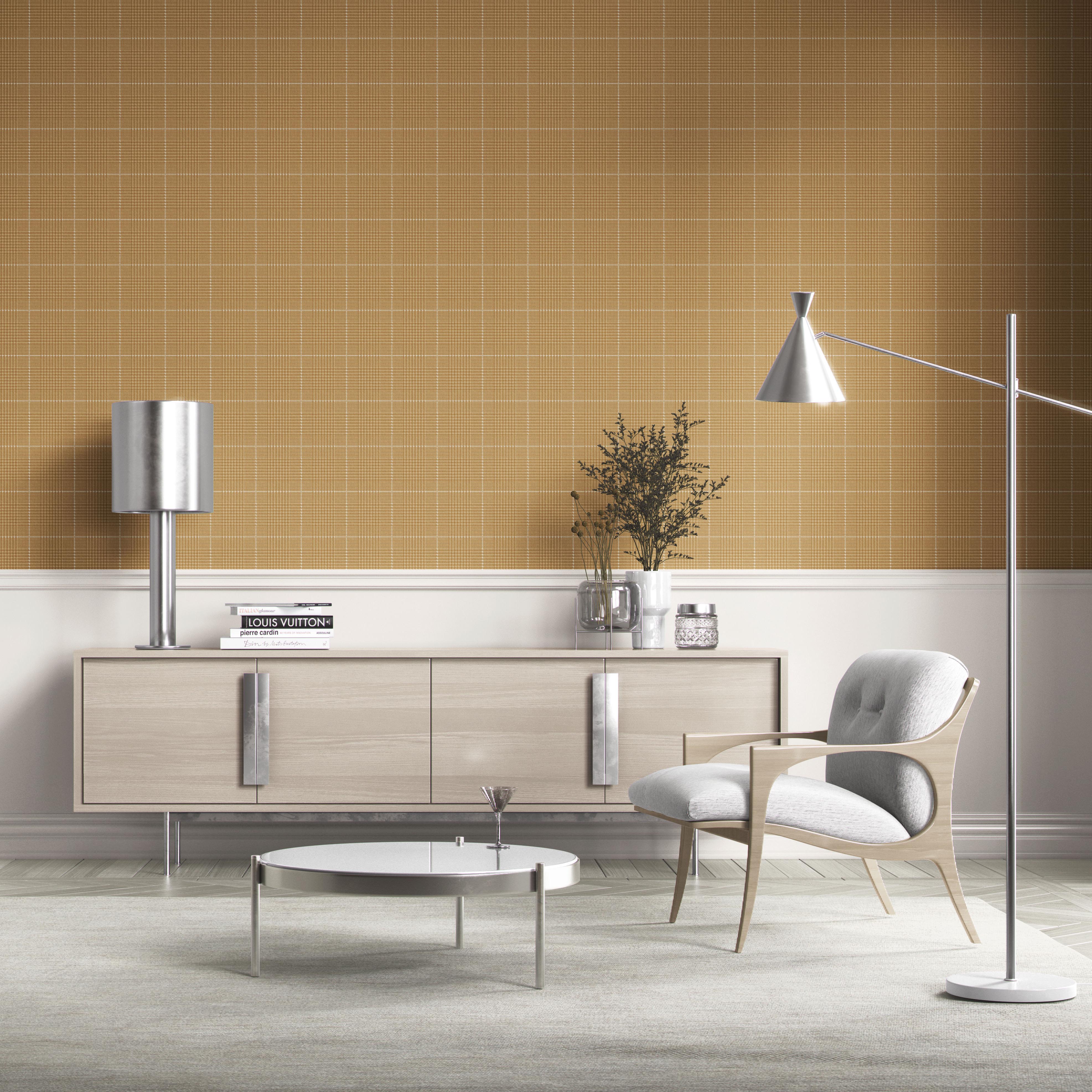 Plain/ Textured Check Kitchen Wallpaper Sample (Honey Yellow)