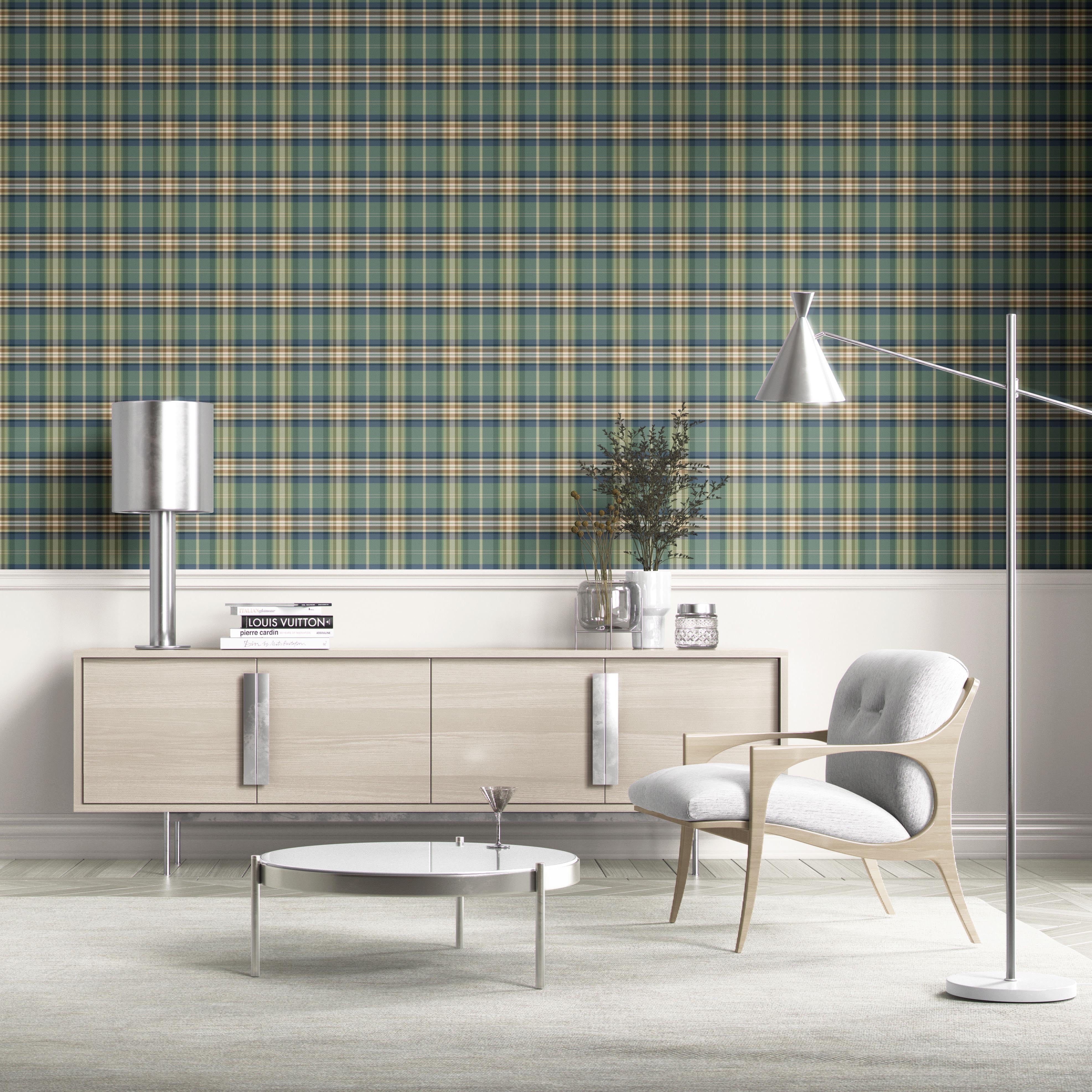 Geometric Plaid Checkered Kitchen Wallpaper Sample (Green/ Blue/ Beige/ Brown)
