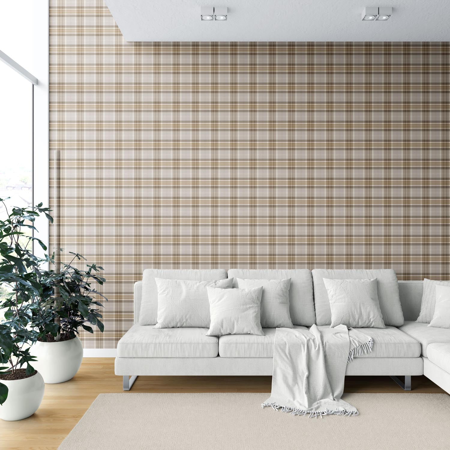 Neutral Geometric Plaid Checkered Shower Toilet Wallpaper Sample (Beige/ Greige/ Taupe)