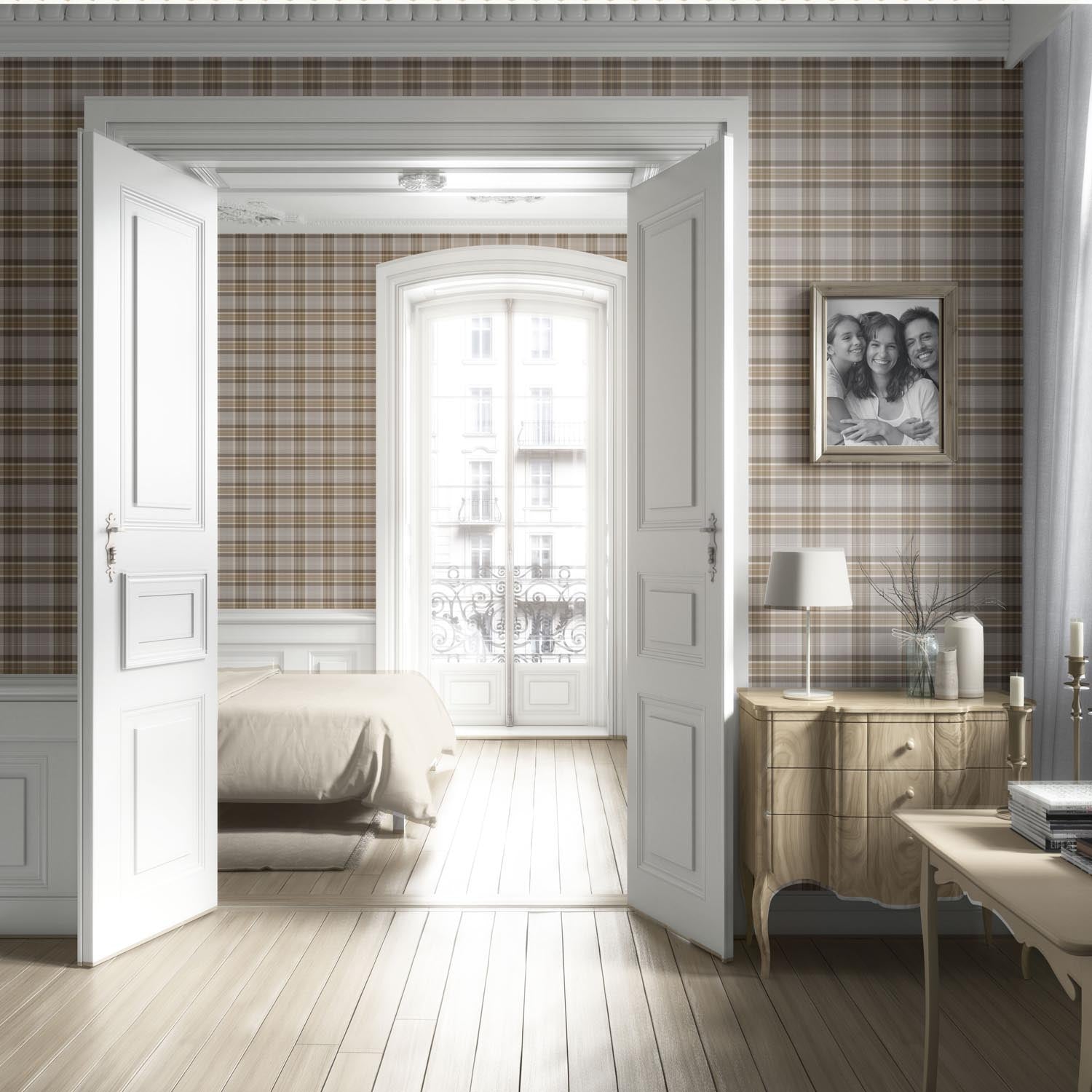 Neutral Geometric Plaid Checkered Living Room Wallpaper Sample (Beige/ Greige/ Taupe)