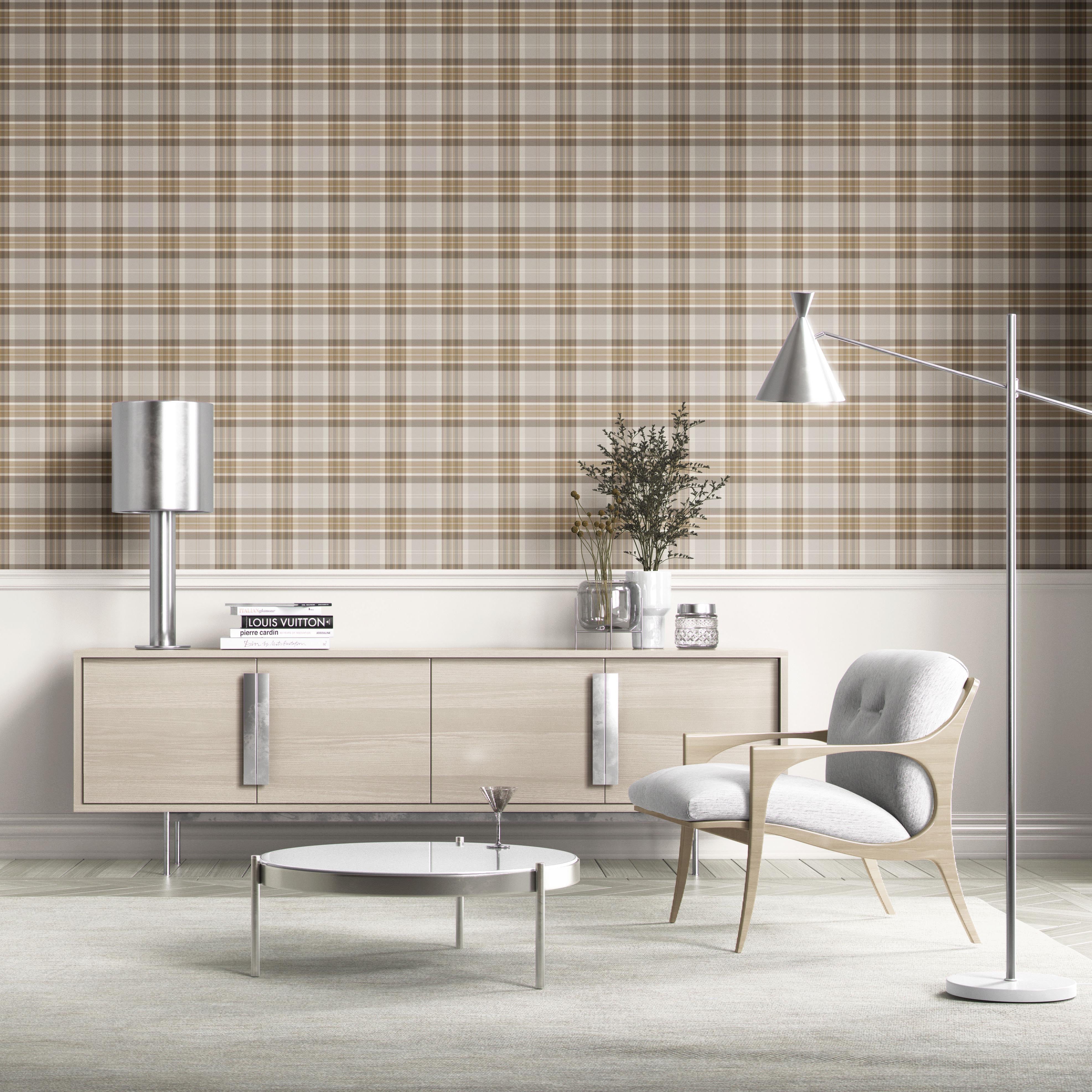Neutral Geometric Plaid Checkered Kitchen Wallpaper Sample (Beige/ Greige/ Taupe)