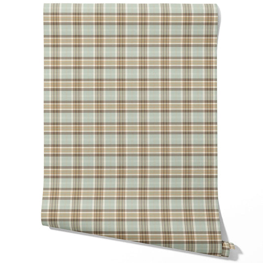 Geometric Plaid Checkered Traditional Wallpaper Sample (Gray-Green/ Brown/ Beige/ Cream)