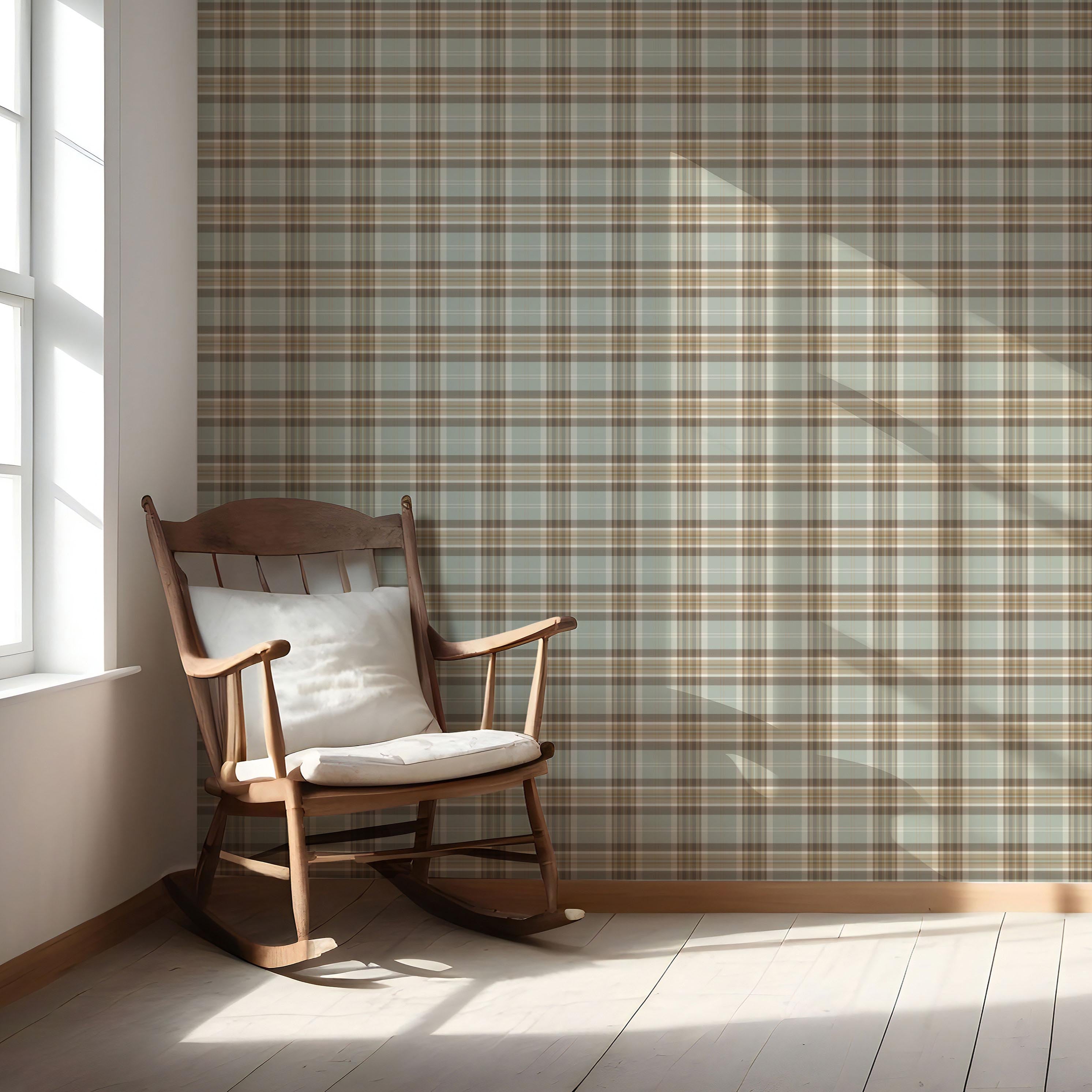 Geometric Plaid Checkered Nursery Wallpaper (Gray-Green/ Brown/ Beige/ Cream)