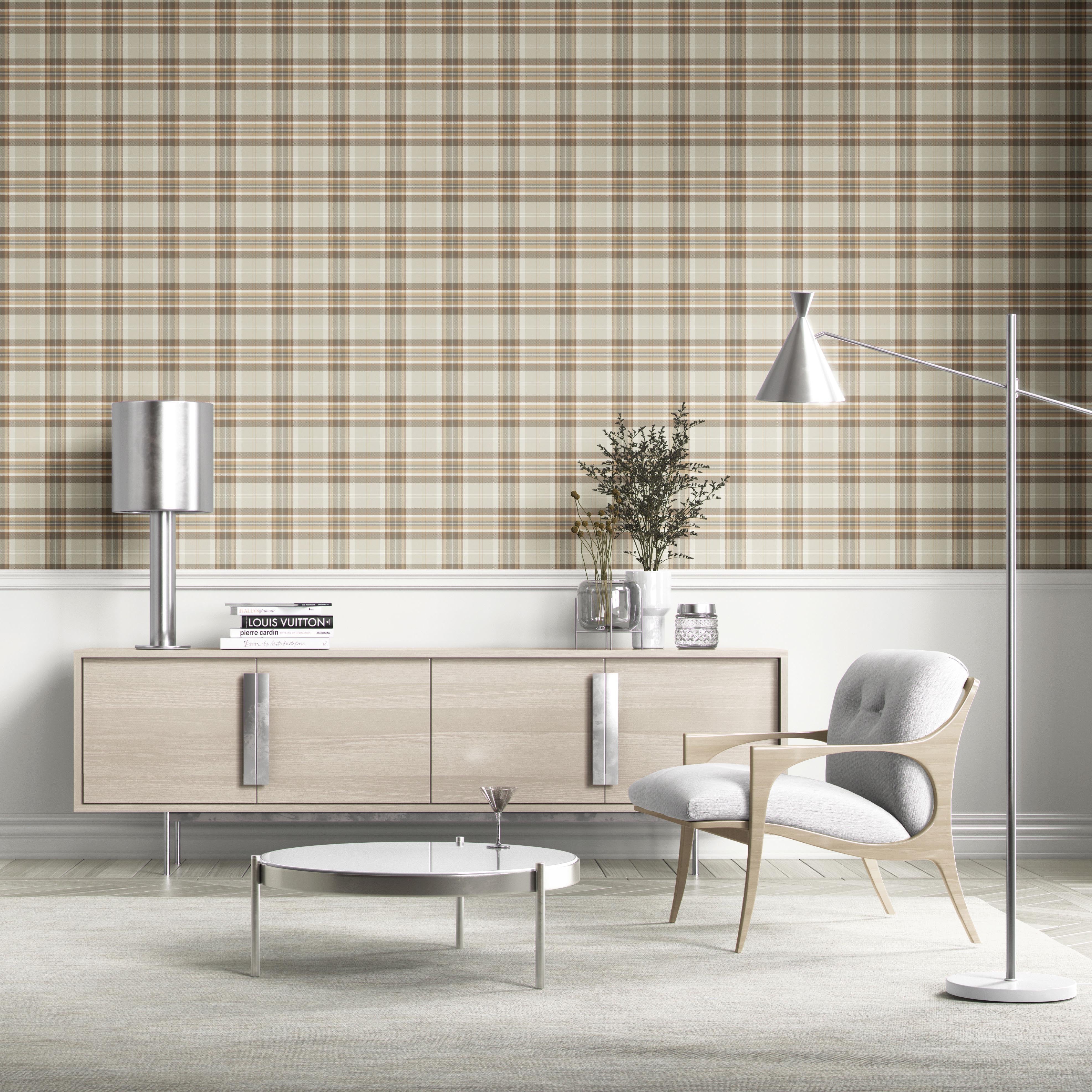 Neutral Geometric Plaid Checkered Kitchen Wallpaper (Greige/ Brown/ Cream/ Warm Gray)