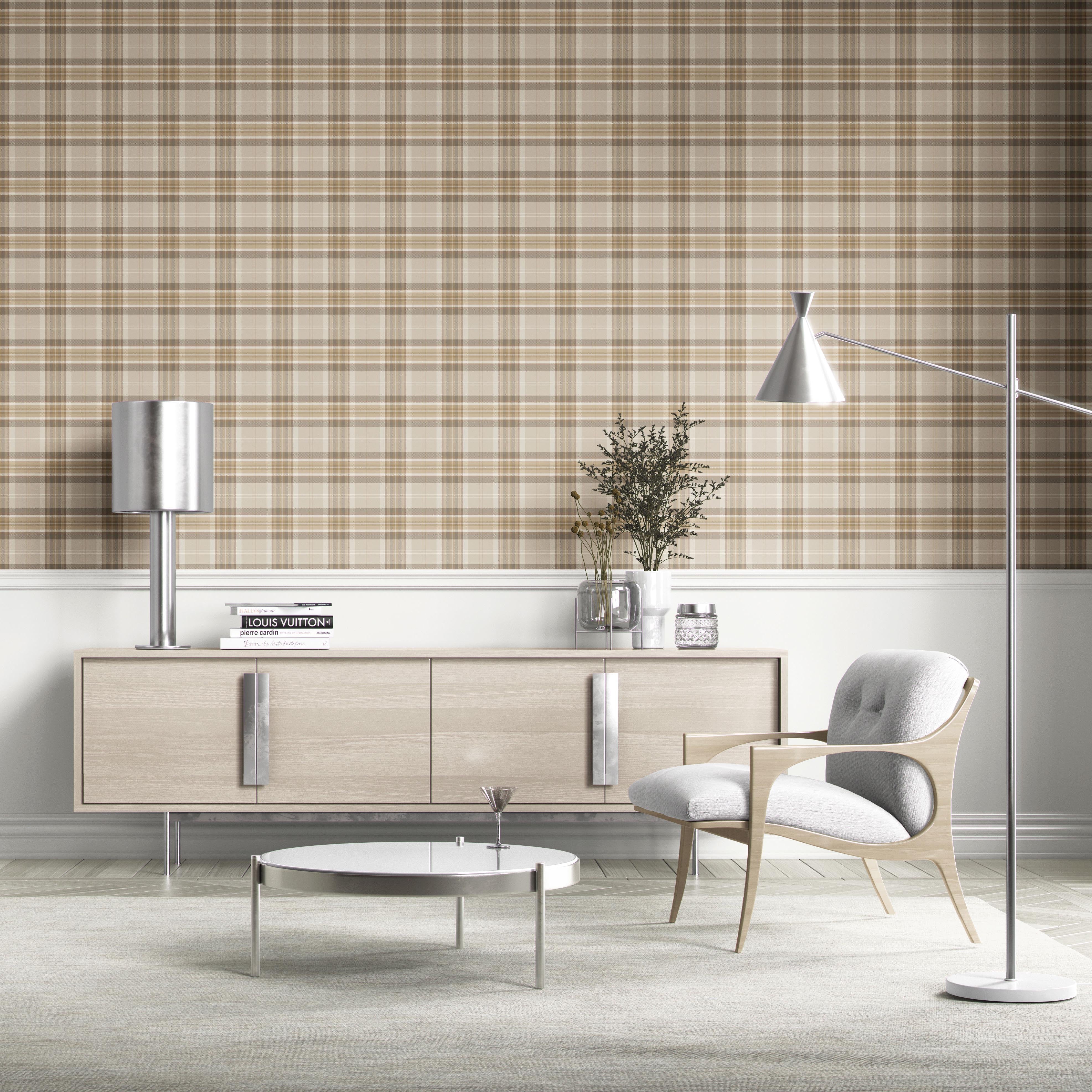 Neutral Geometric Plaid Checkered Kitchen Wallpaper Sample (Warm Taupe/ Beige/ Brown/ Cream)