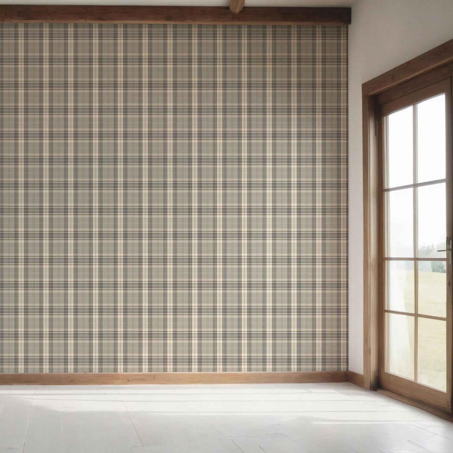 Neutral Geometric Plaid Checkered Bedroom Wallpaper Sample (Gray/ Taupe/ Greige/ Brown)