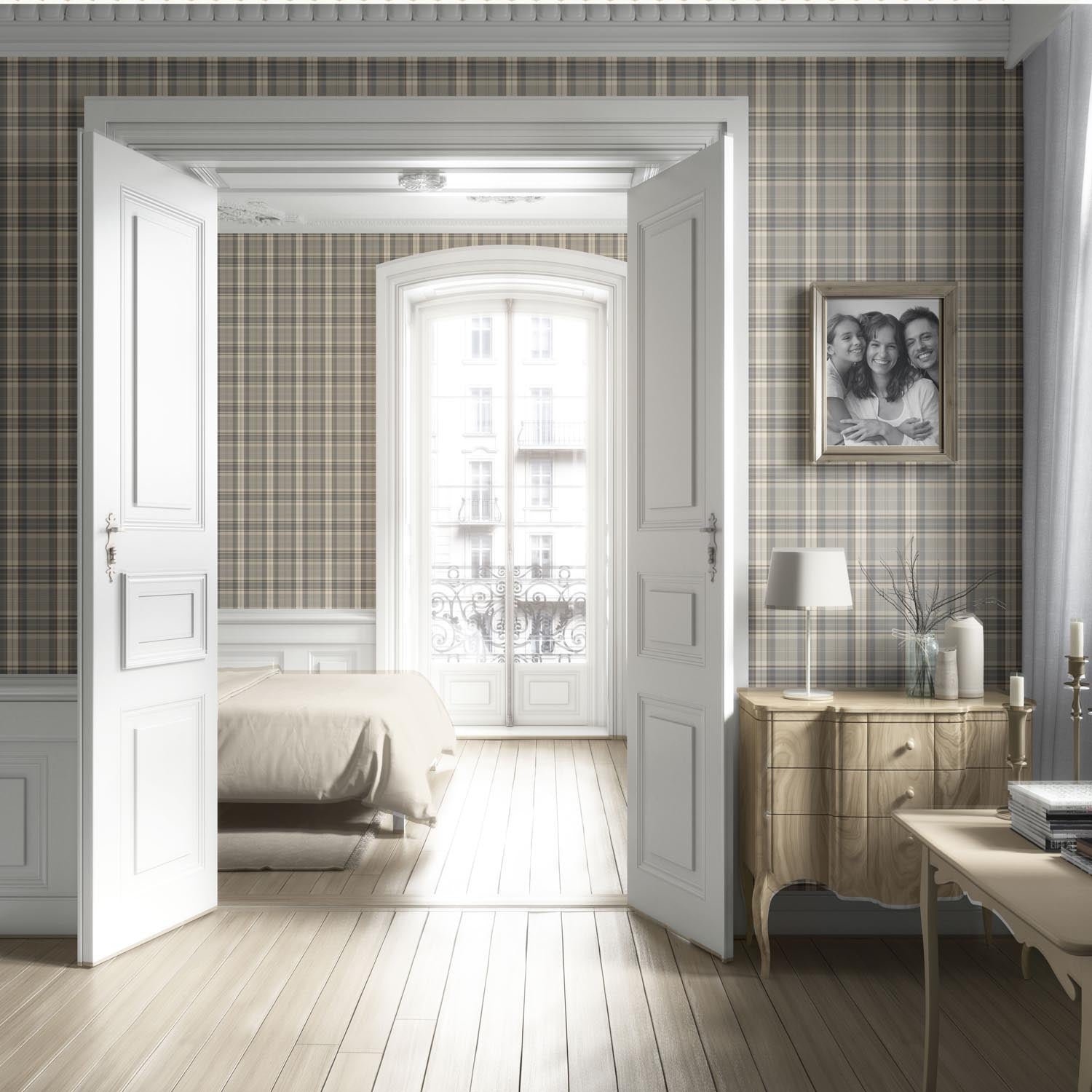 Neutral Geometric Plaid Checkered Living Room Wallpaper Sample (Gray/ Taupe/ Greige/ Brown)