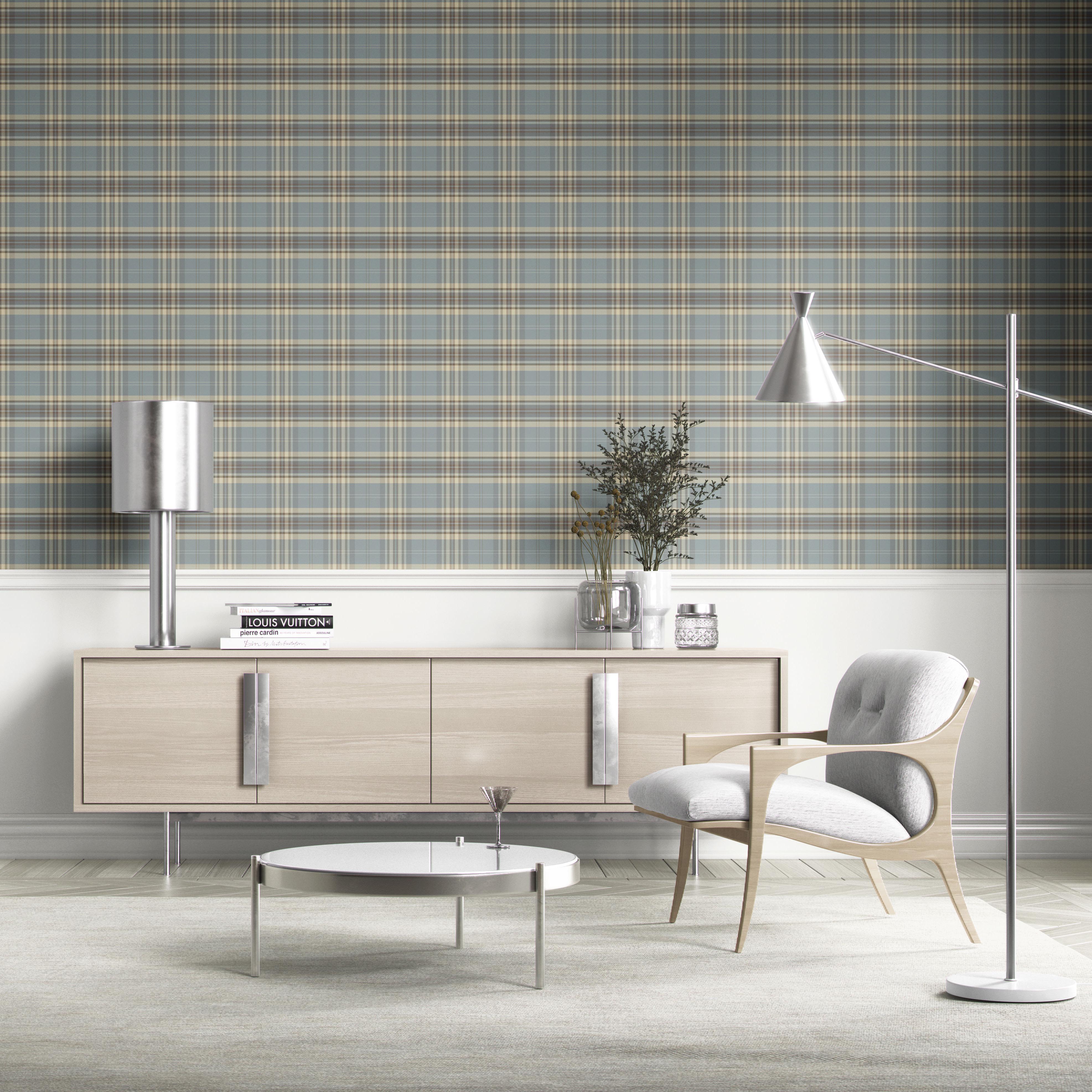 Geometric Plaid Checkered Kitchen Wallpaper (Gray/ Blue/ Beige/ Brown)