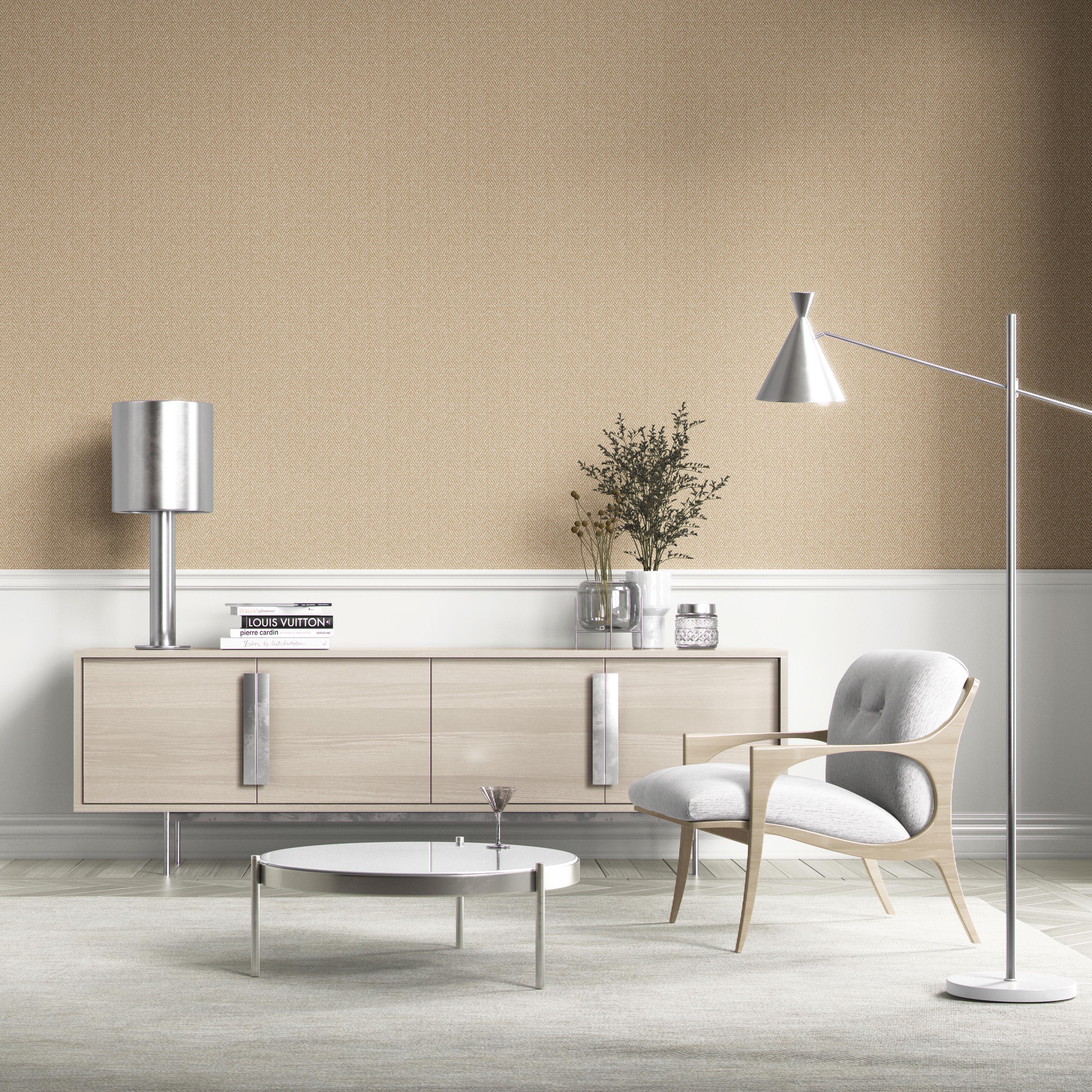 Neutral Herringbone Textured Kitchen Wallpaper Sample (Gold Beige/ Khaki)