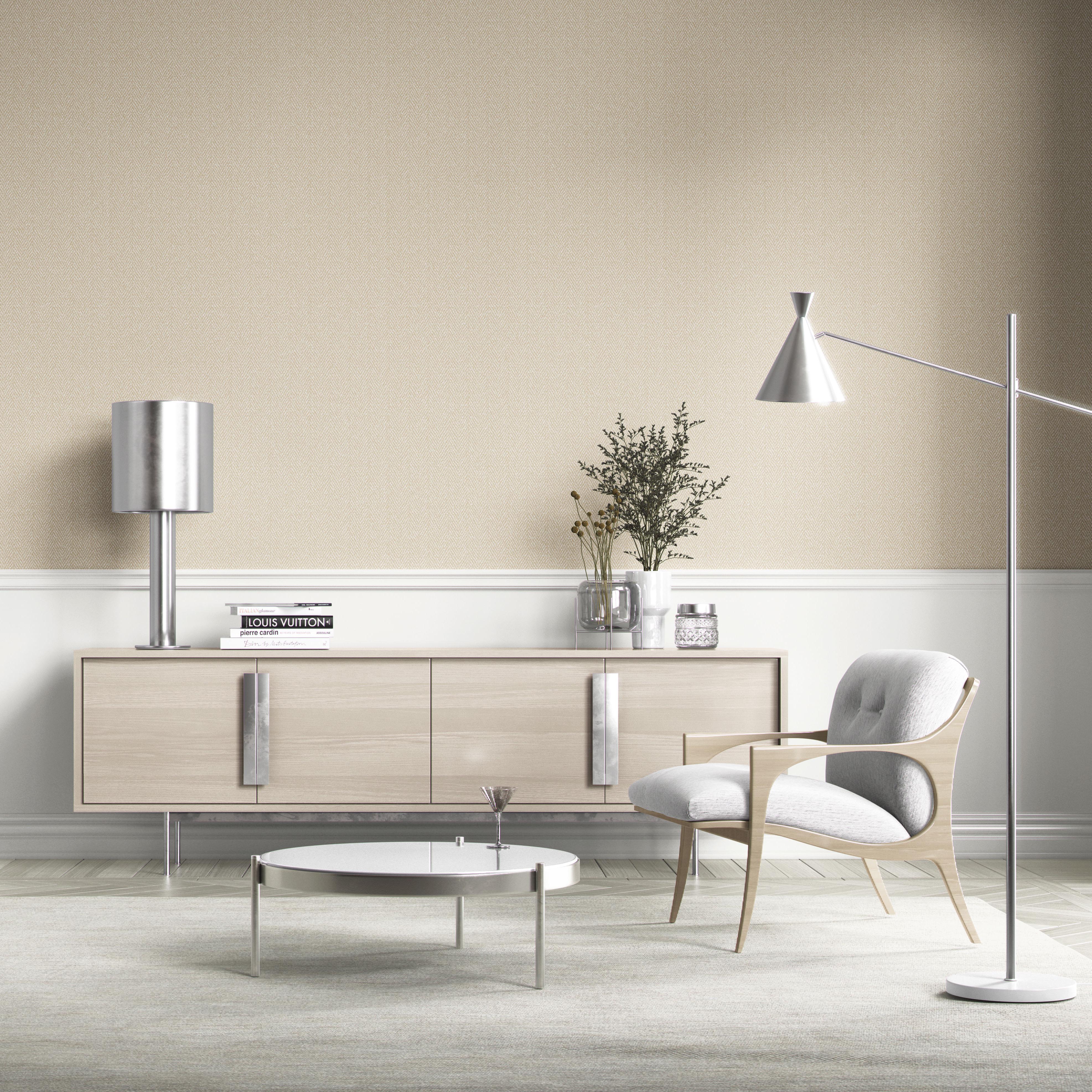 Neutral Herringbone Textured Kitchen Wallpaper Sample (Light Beige)