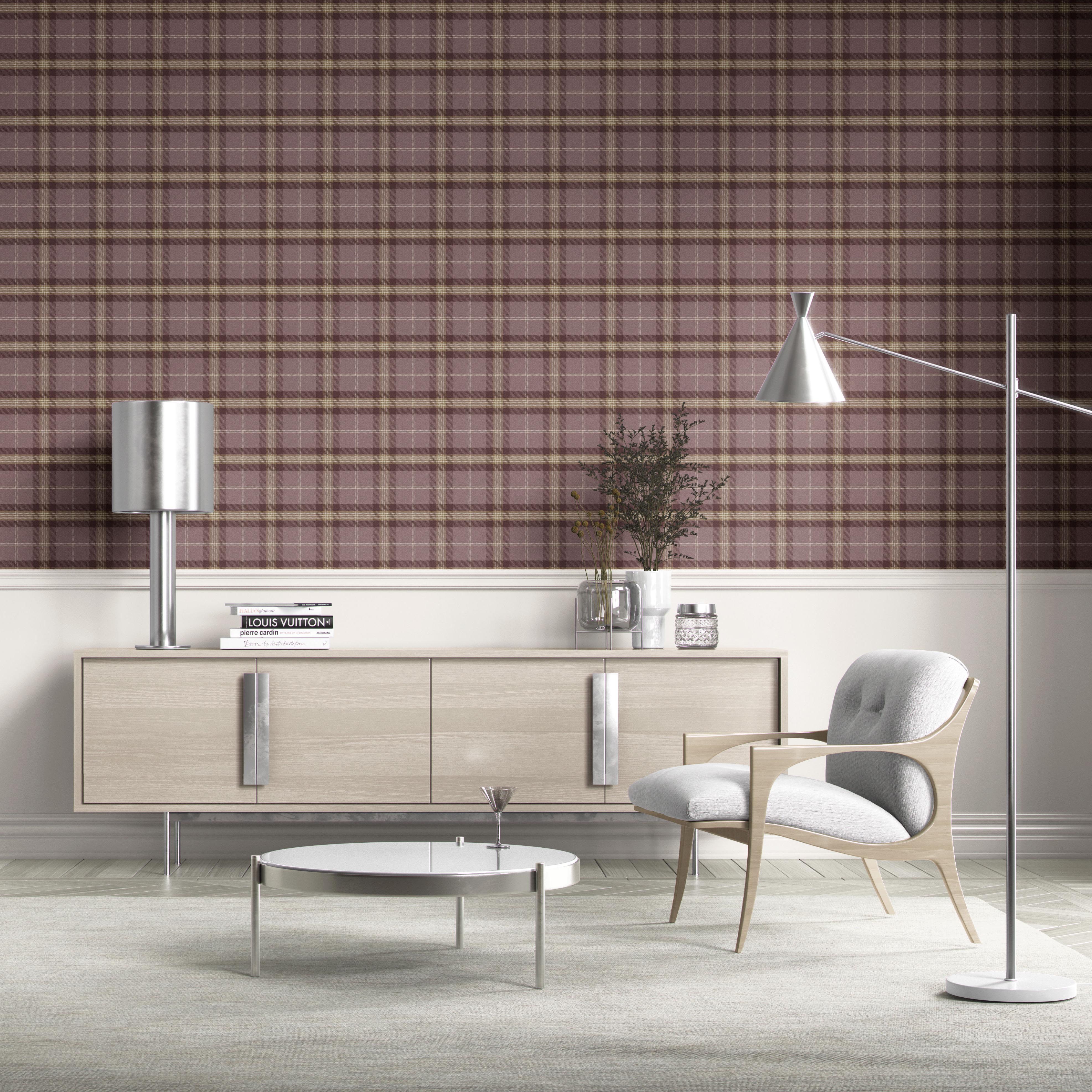 Geometric Plaid Checkered Kitchen Wallpaper Sample (Purple/ Mauve/ Pink/ Cream)