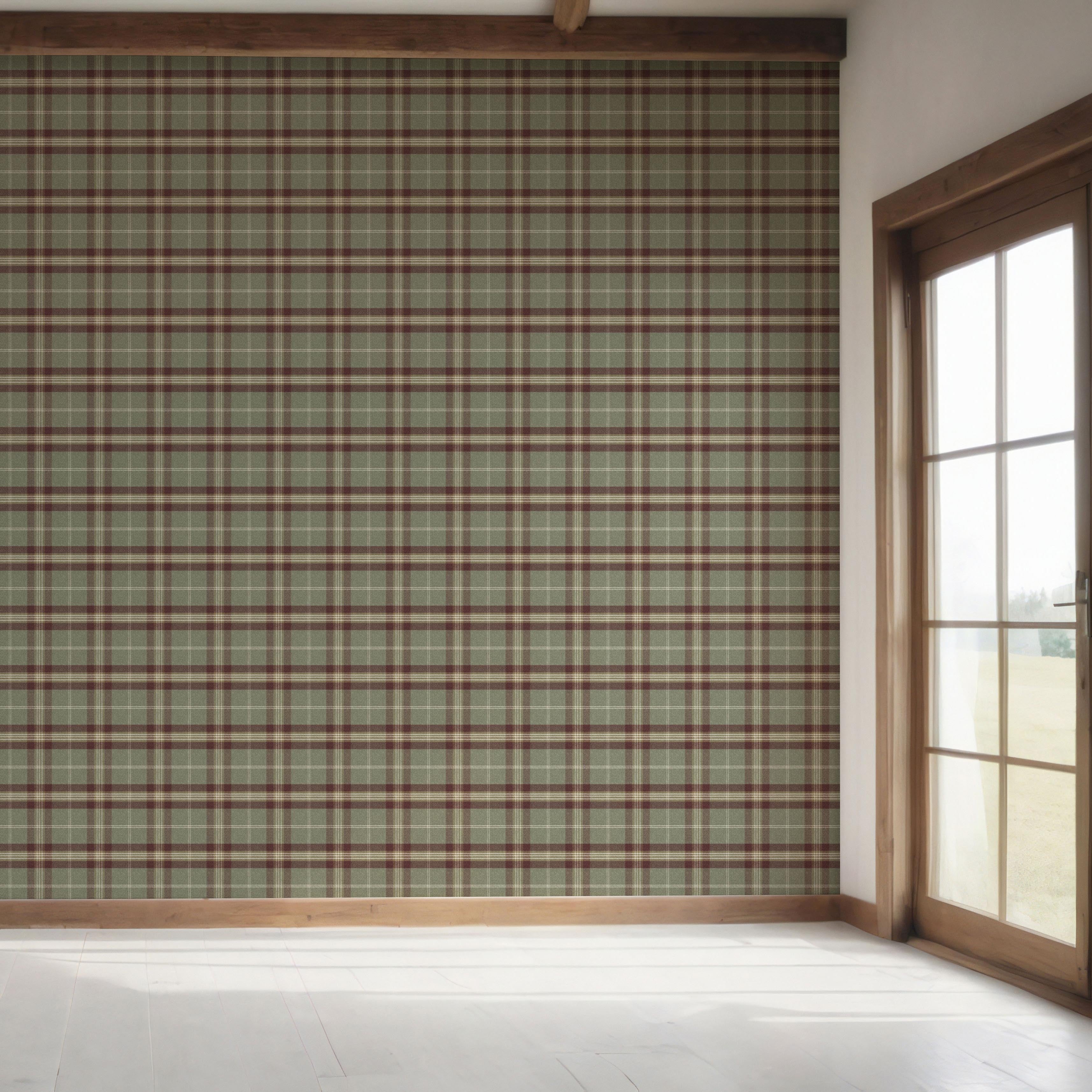 Geometric Plaid Checkered Bedroom Wallpaper Sample (Olive Green/ Red/ Beige)