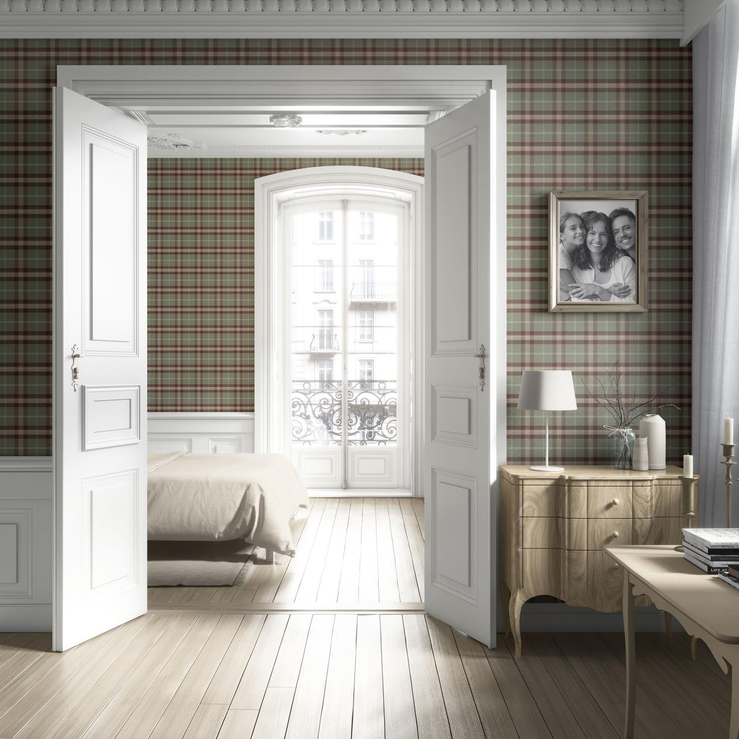 Geometric Plaid Checkered Living Room Wallpaper Sample (Olive Green/ Red/ Beige)