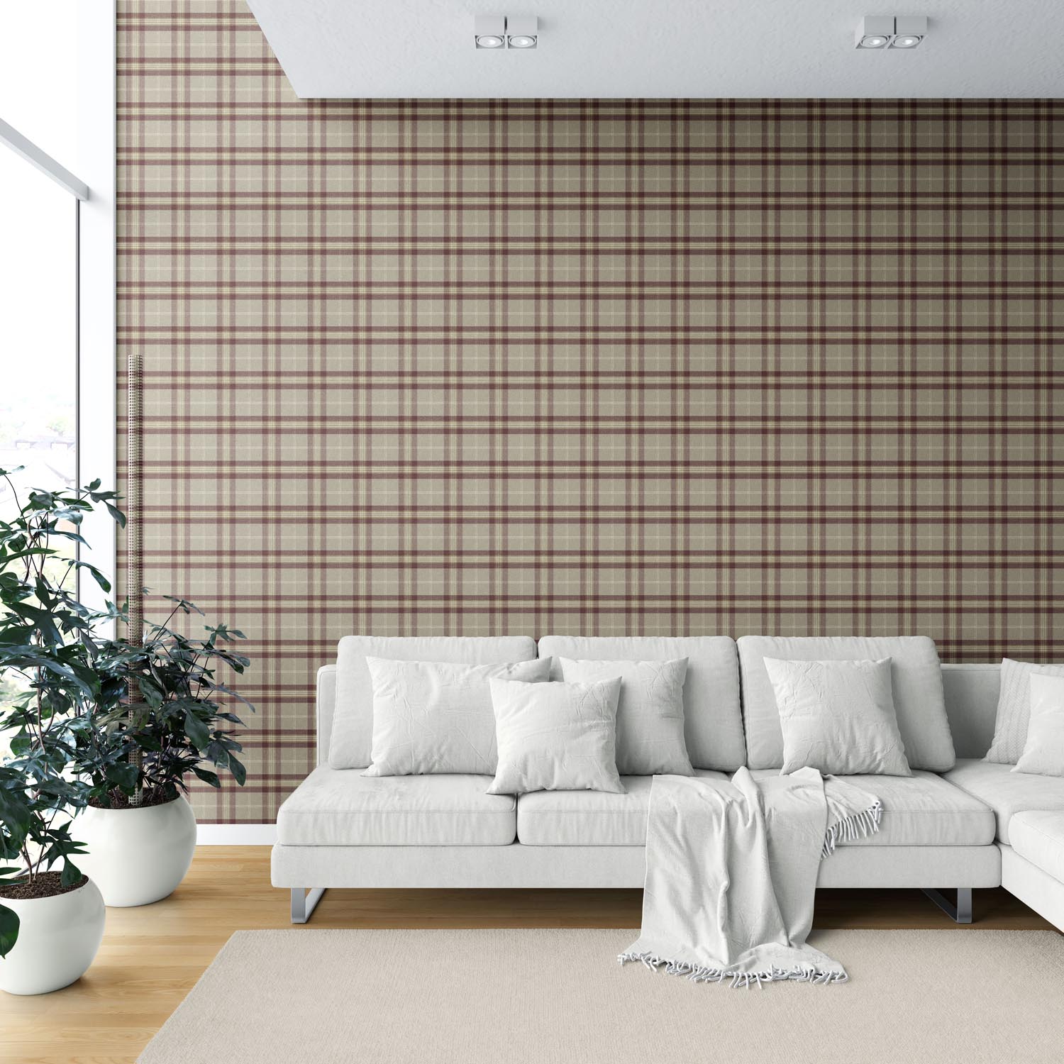 Geometric Plaid Checkered Shower Toilet Wallpaper Sample (Brown/ Maroon/ Beige)