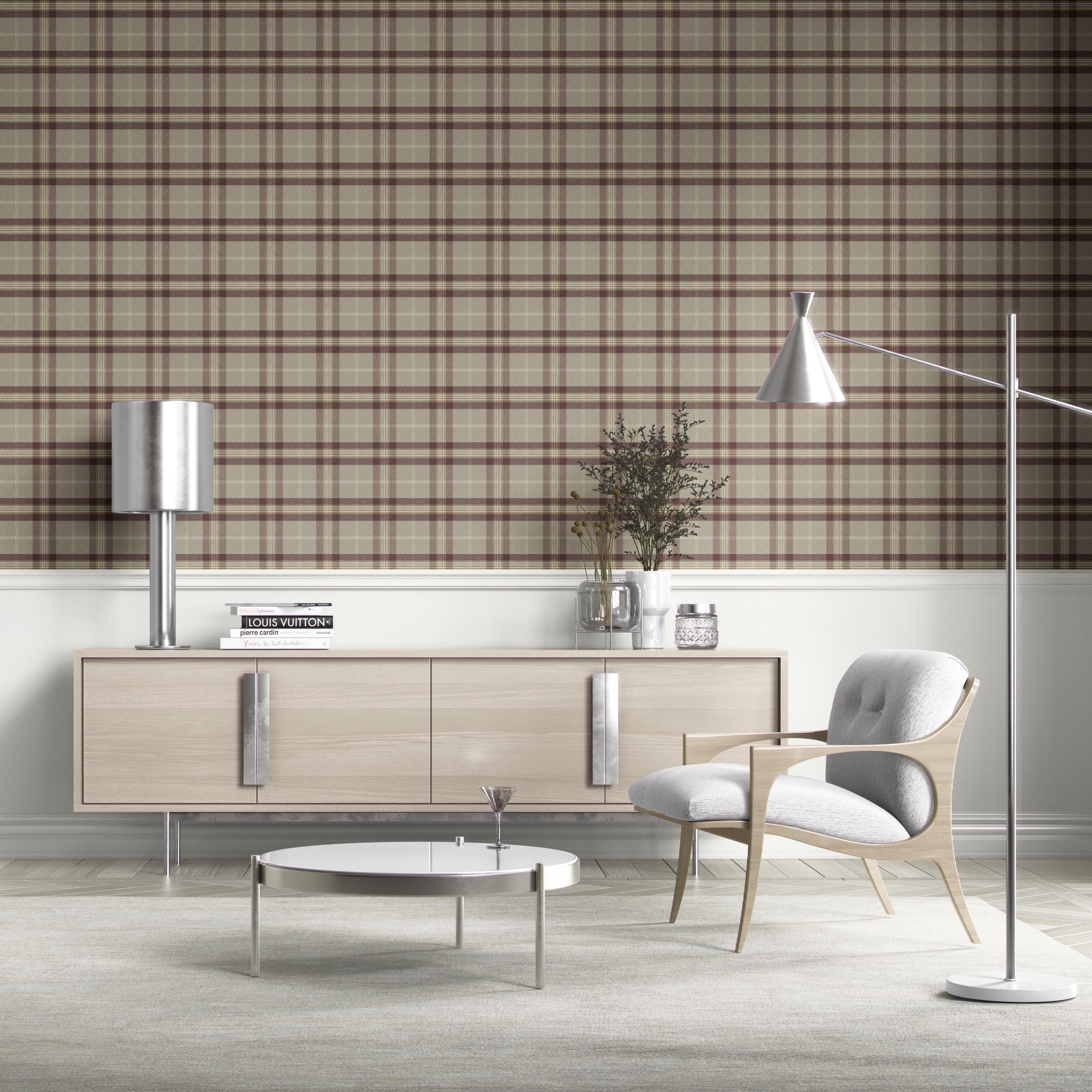 Geometric Plaid Checkered Kitchen Wallpaper Sample (Brown/ Maroon/ Beige)