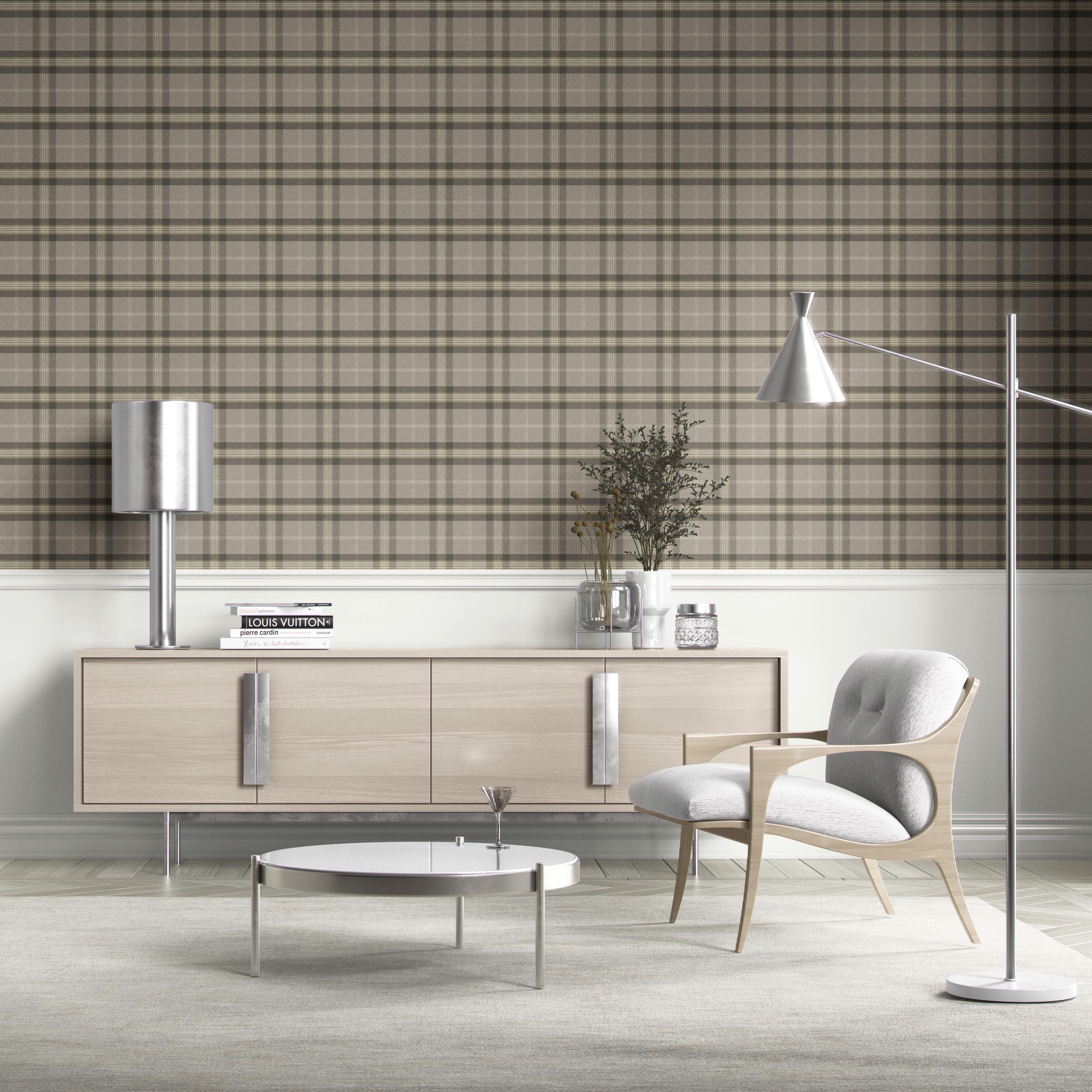 Geometric Plaid Checkered Kitchen Wallpaper (Gray/ Cedar Brown)