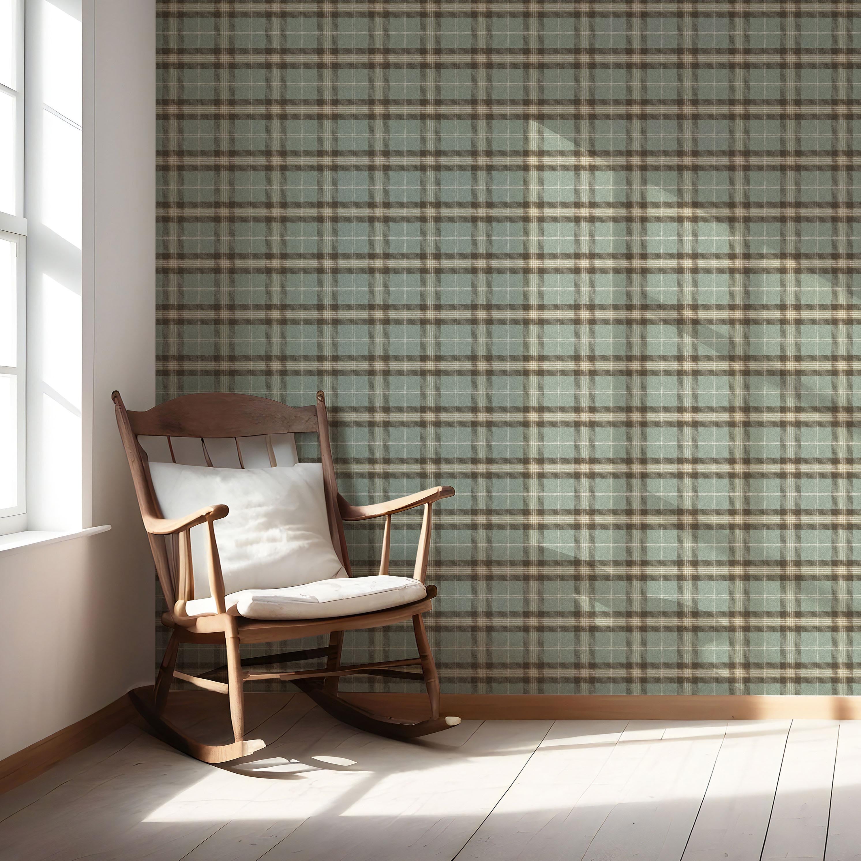 Geometric Plaid Checkered Nursery Wallpaper Sample (Green/ Brown/ Beige)
