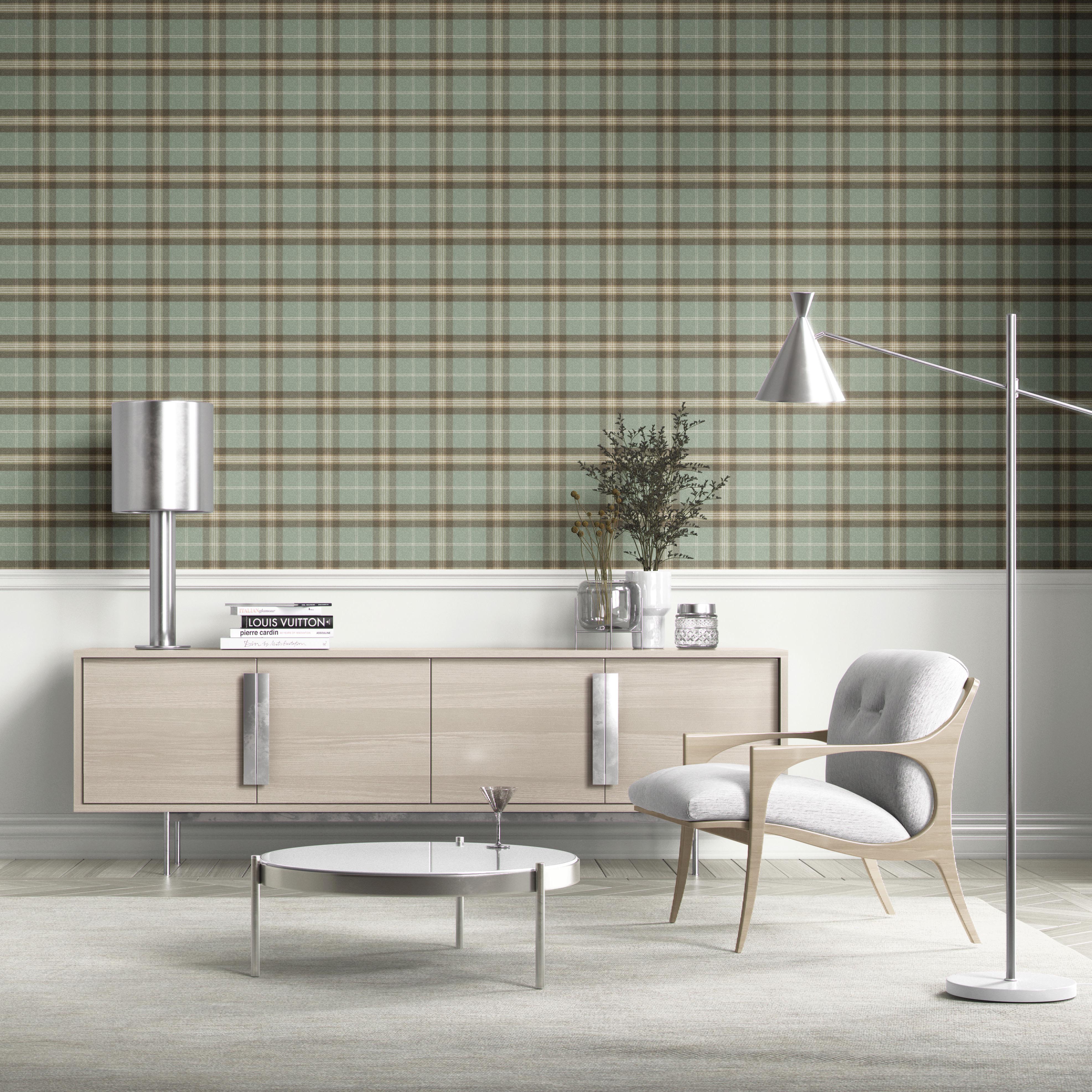 Geometric Plaid Checkered Kitchen Wallpaper Sample (Green/ Brown/ Beige)