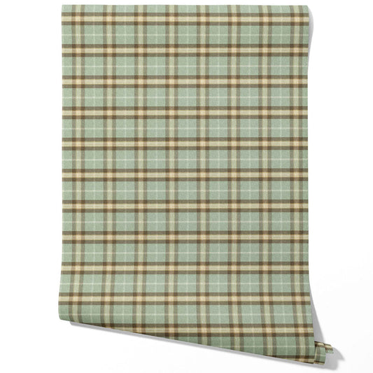 Geometric Plaid Checkered Traditional Wallpaper Sample (Green/ Brown/ Beige)