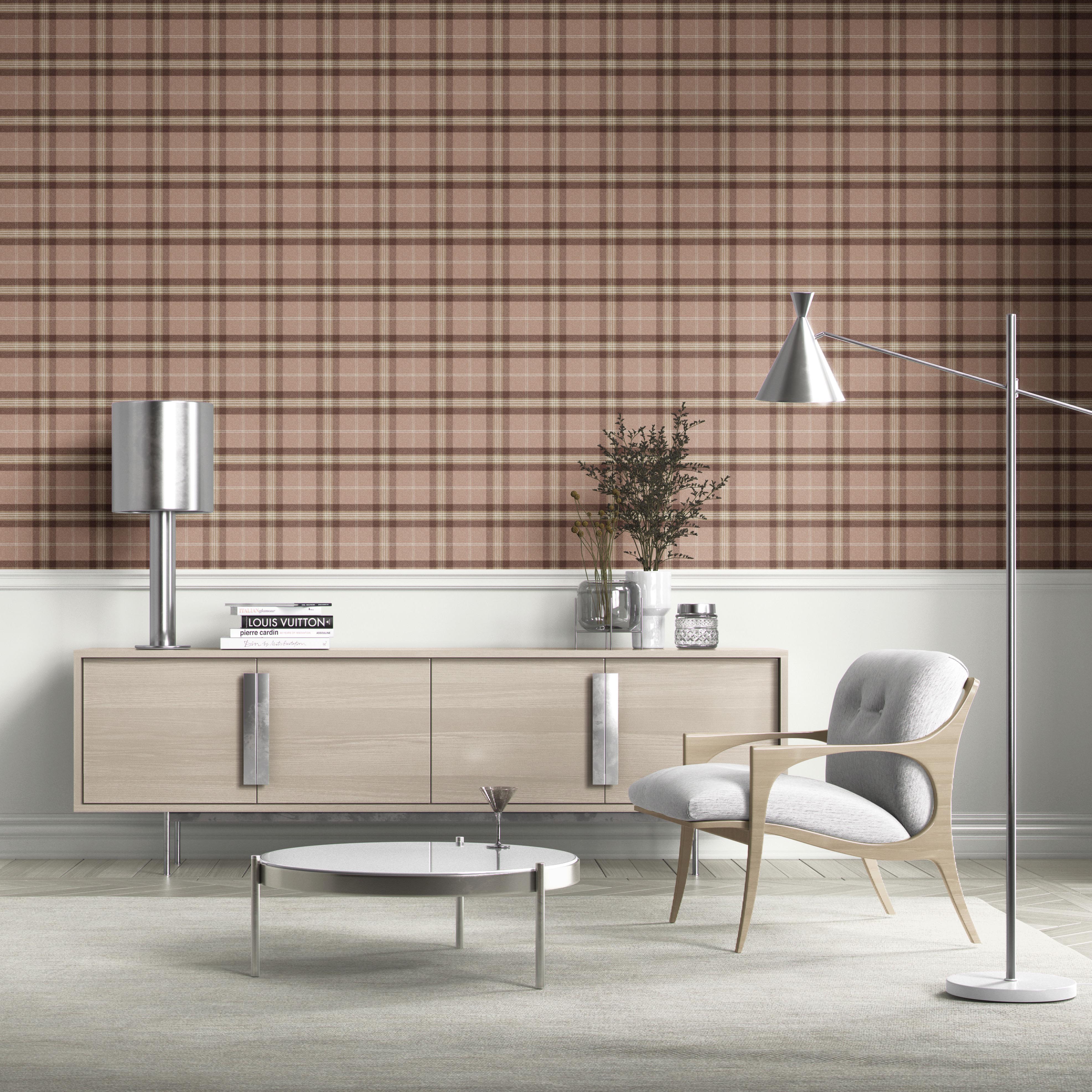 Geometric Plaid Checkered Kitchen Wallpaper Sample (Blush Rose Pink/ Brown/ Beige)