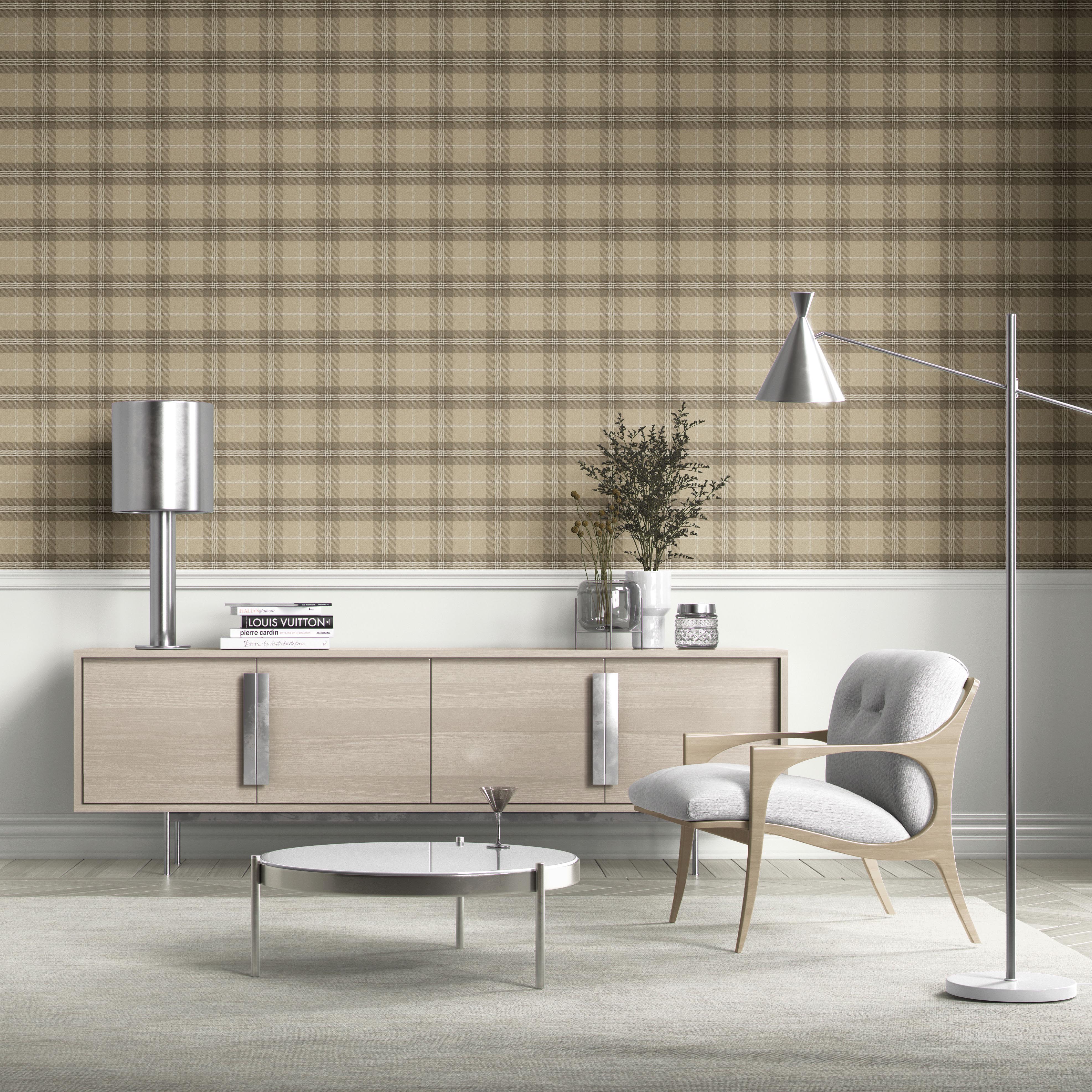 Neutral Geometric Plaid Checkered Kitchen Wallpaper (Beige/ Brown/ Taupe)