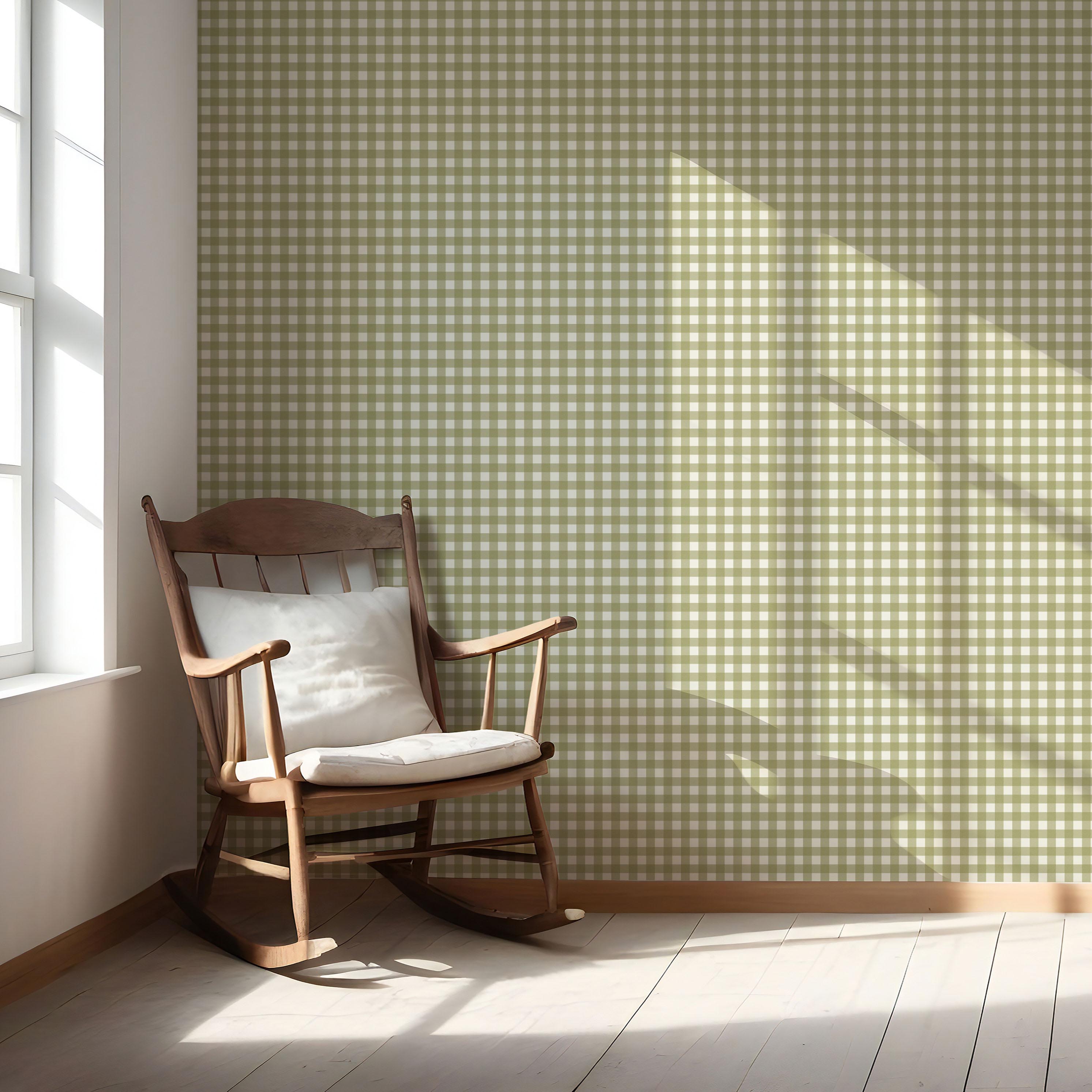 Geometric Gingham Checkered Nursery Wallpaper Sample (Green)