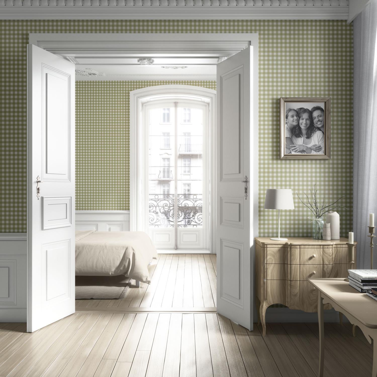 Geometric Gingham Checkered Kitchen Wallpaper Sample (Green)