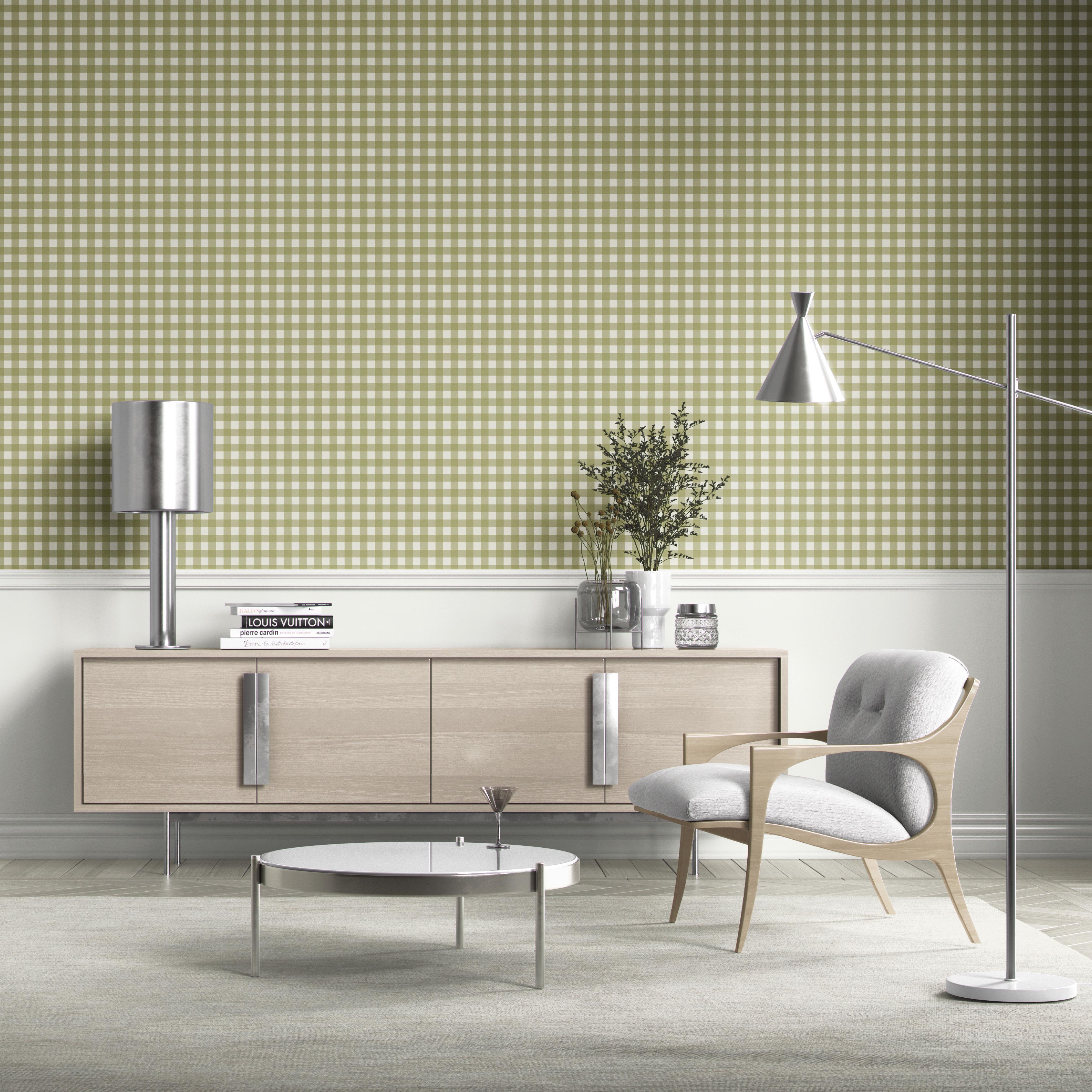 Geometric Gingham Checkered Bathroom Wallpaper Sample (Green)