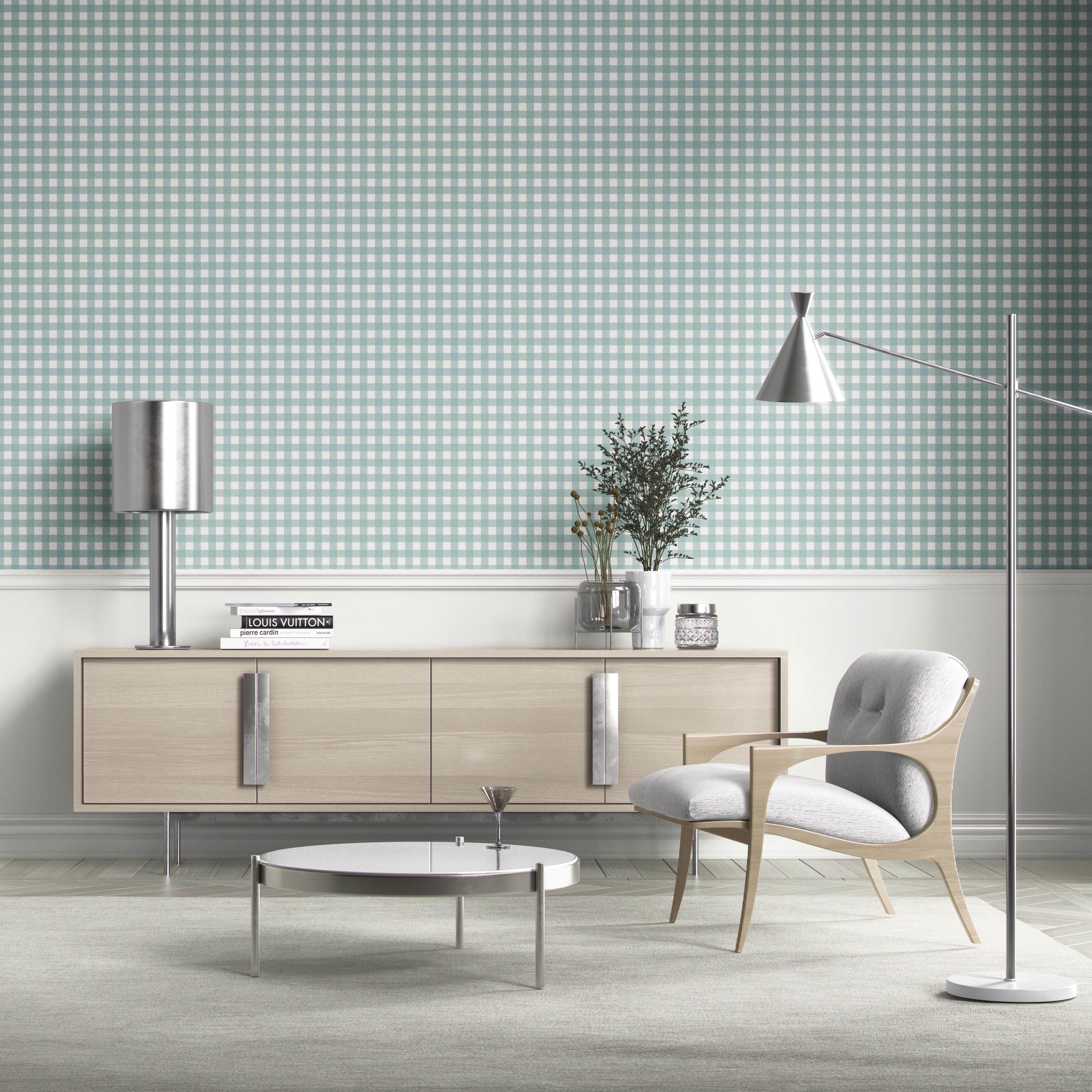 Geometric Gingham Checkered Bathroom Wallpaper Sample (Seaglass Blue)