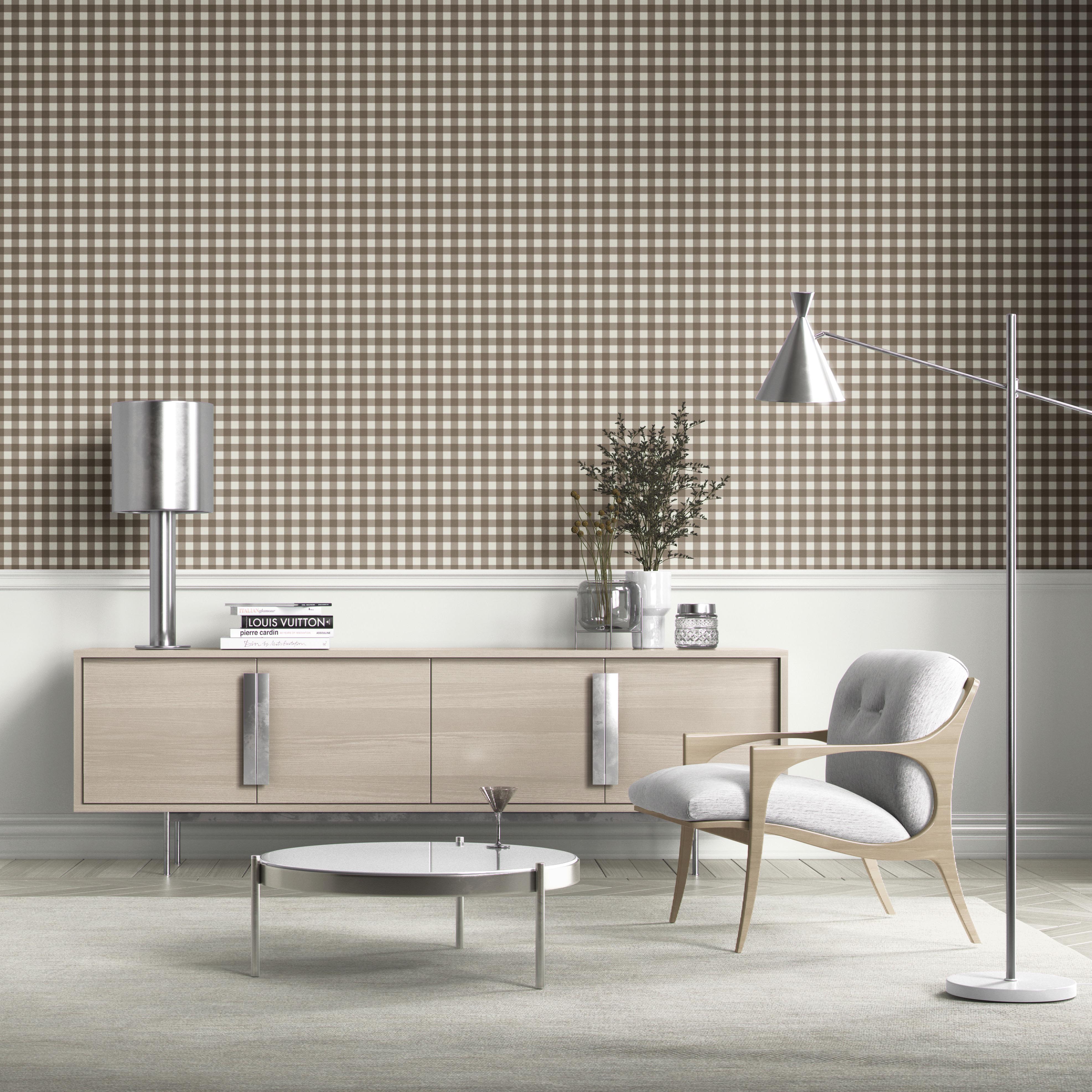 Neutral Geometric Gingham Checkered Bathroom Wallpaper Sample (Brown/ Taupe)